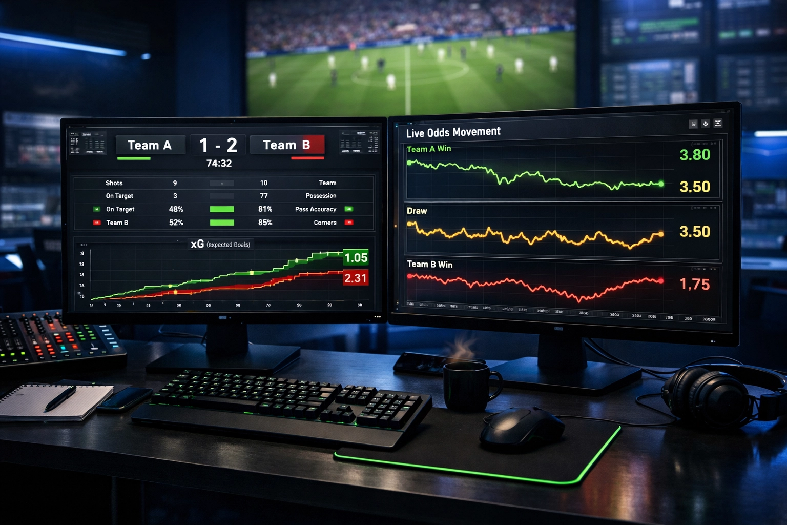 Live-Quotenbewegungen und xG-Statistiken auf professionellem Analyse-Monitor