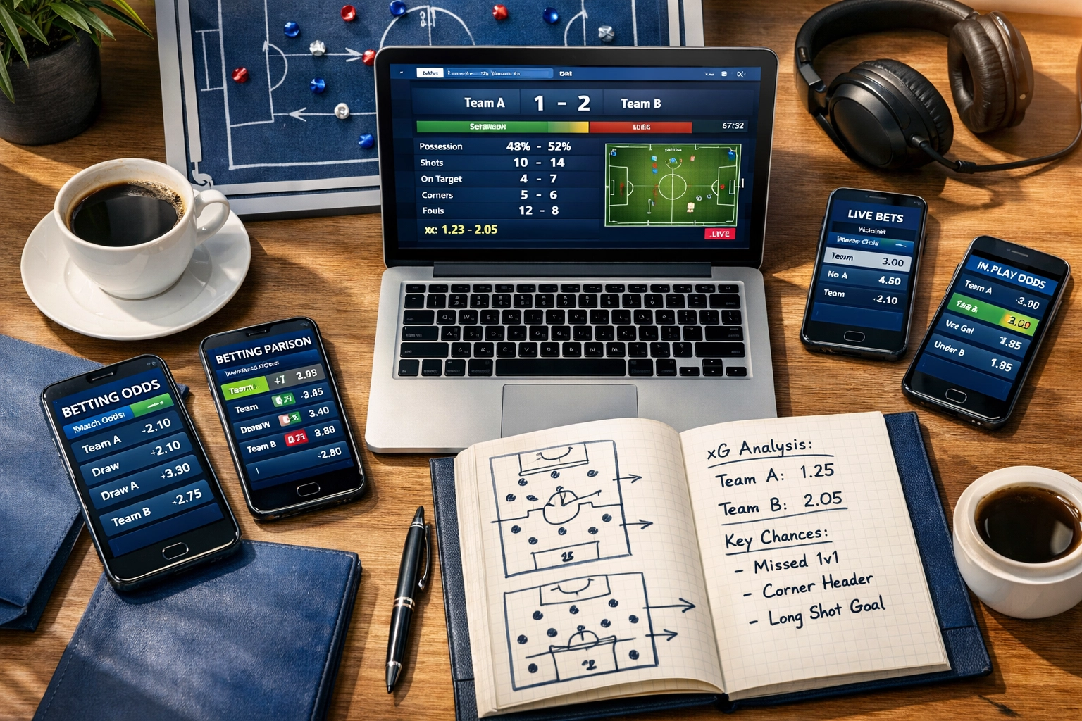 Professionelle Sportwetten-Analyse mit Quoten-Vergleich und taktischen Notizen am Schreibtisch
