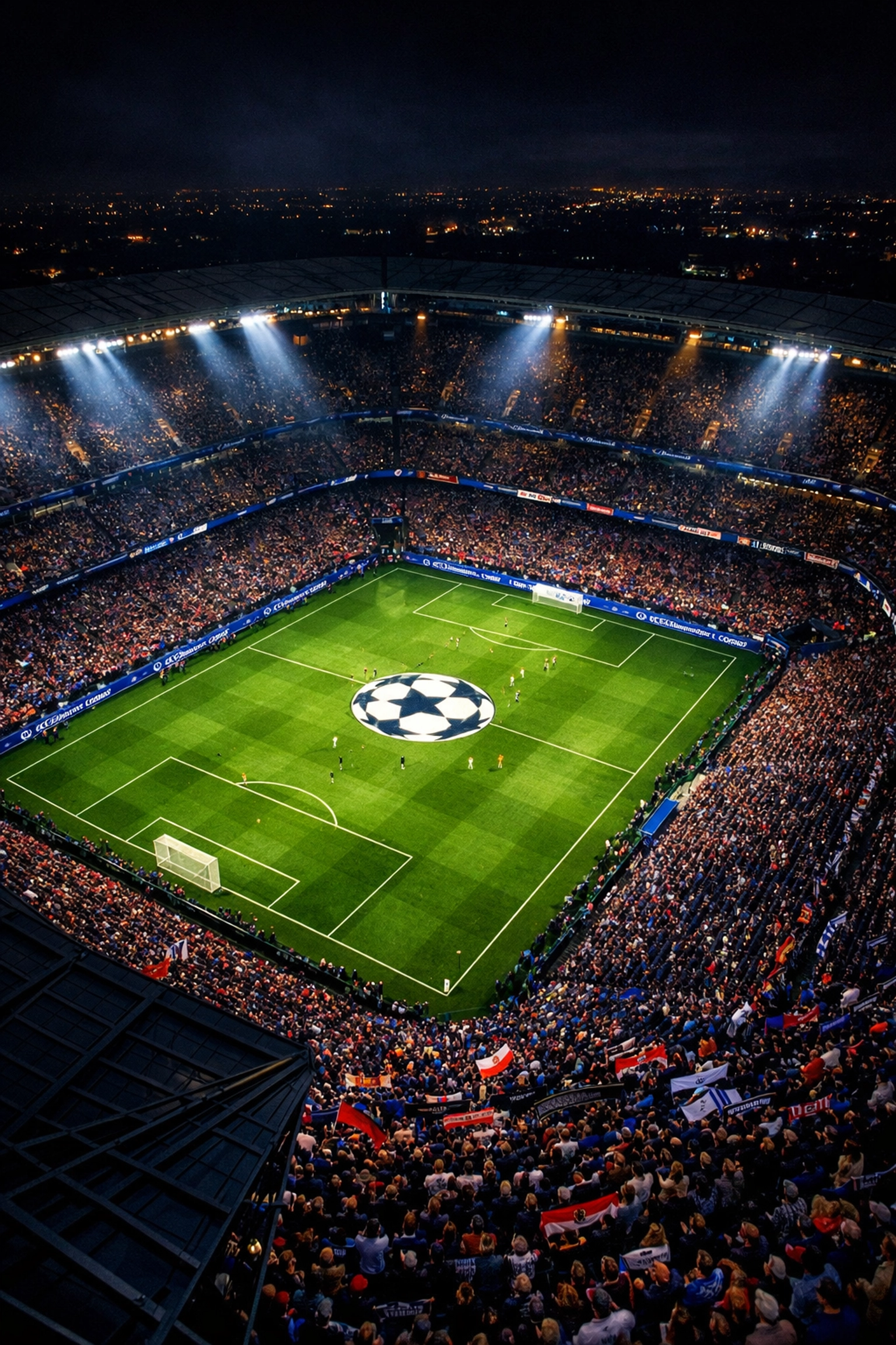 Champions League Stadion bei Nacht mit vollem Heimvorteil durch Fans und Atmosphäre