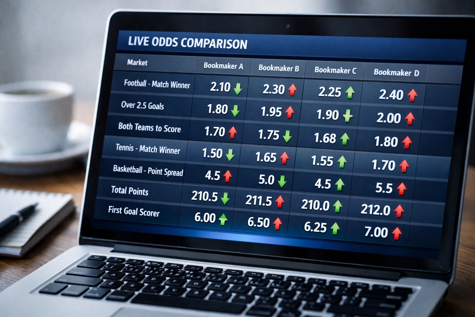 Live-Quotenvergleich Dashboard zeigt fallende Quoten und Marktbewegungen in Echtzeit