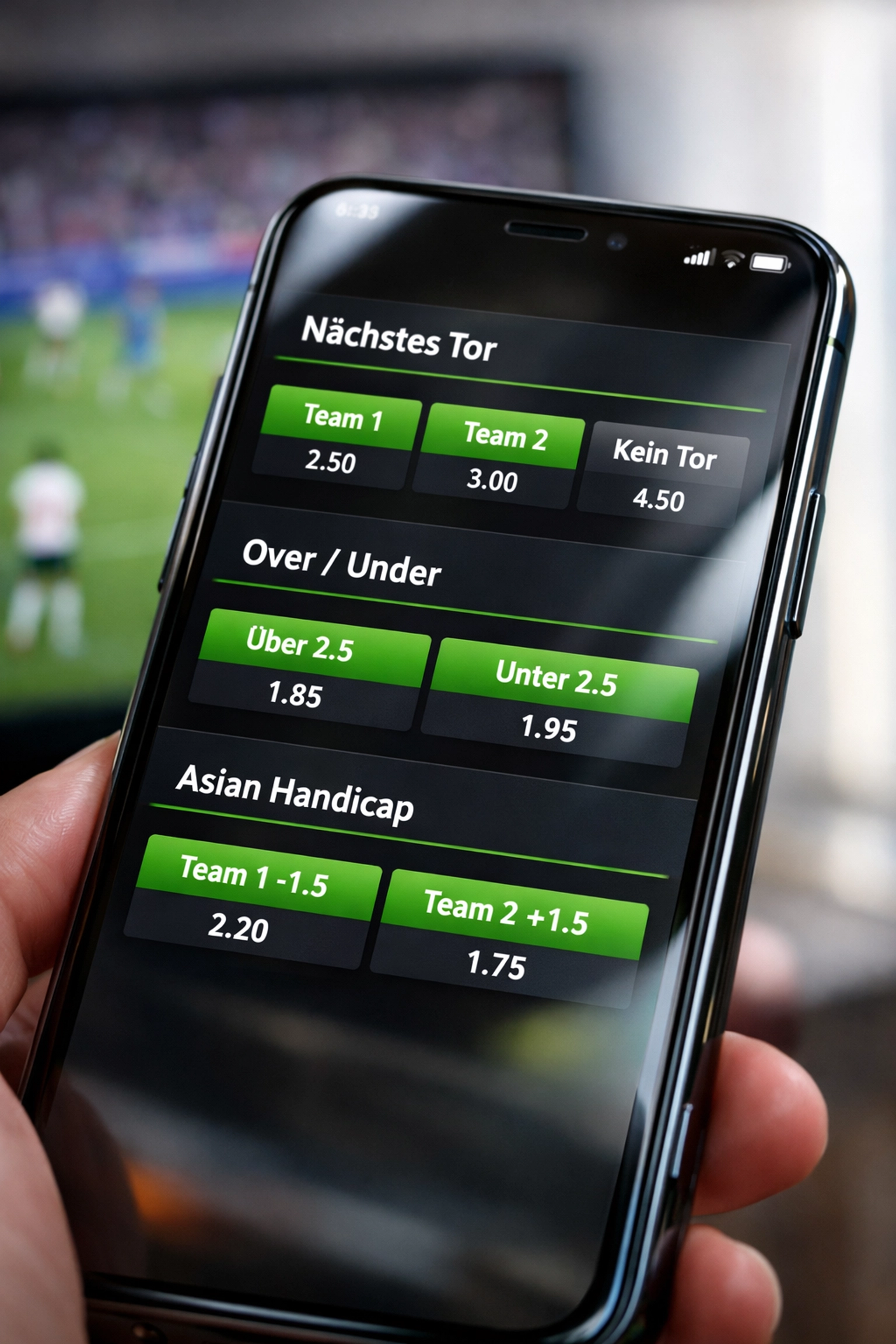Smartphone zeigt drei Wettmärkte für Live-Wetten: Nächstes Tor, Over/Under, Asian Handicap