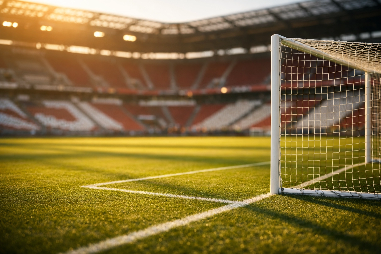 Leeres Fußballstadion mit Tor bei Sonnenuntergang symbolisiert Heimvorteil