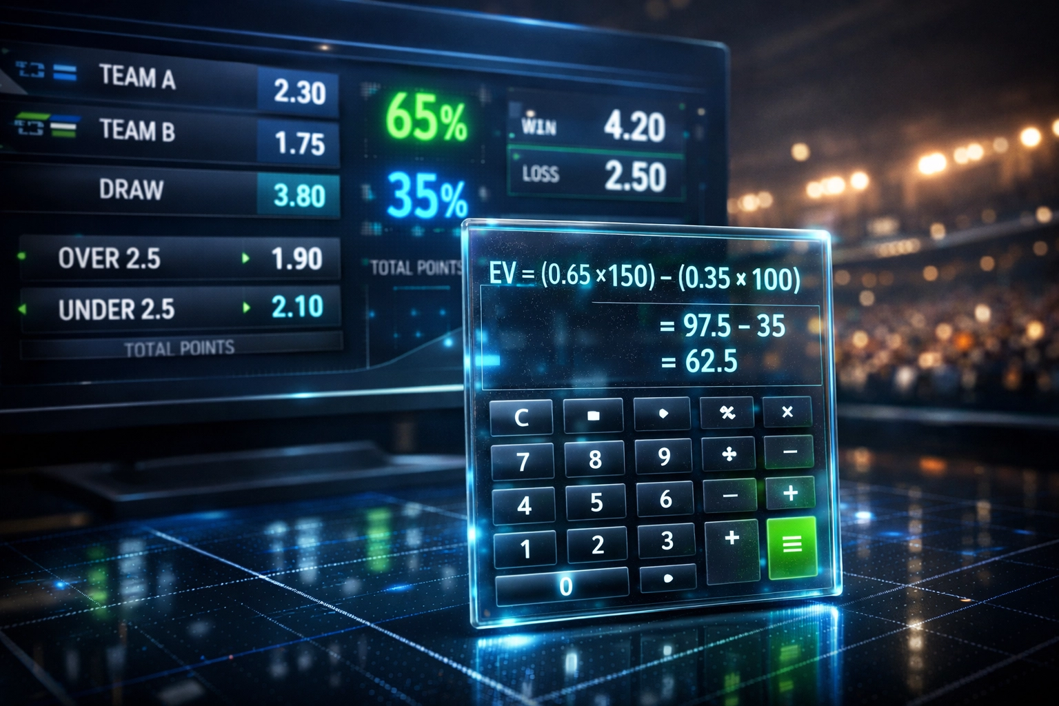 Digitales Dashboard zeigt Expected Value Berechnung und Wettquoten für Value Betting Strategie