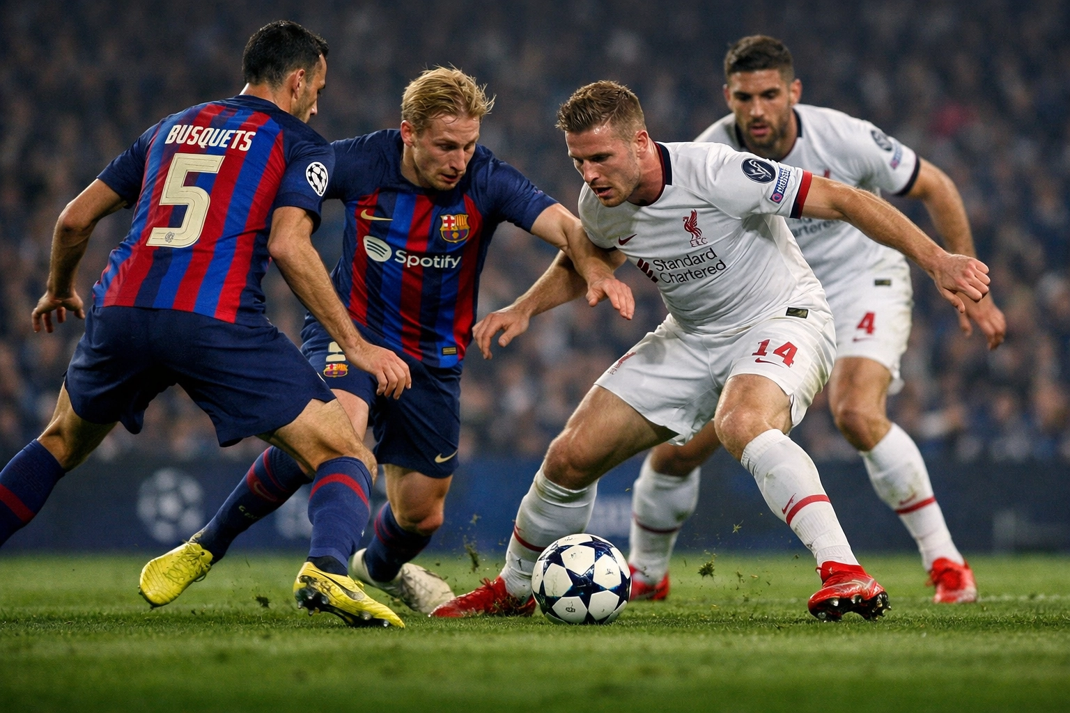 Pressing-Situation im Champions League Spiel mit Spielern im Mittelfeld