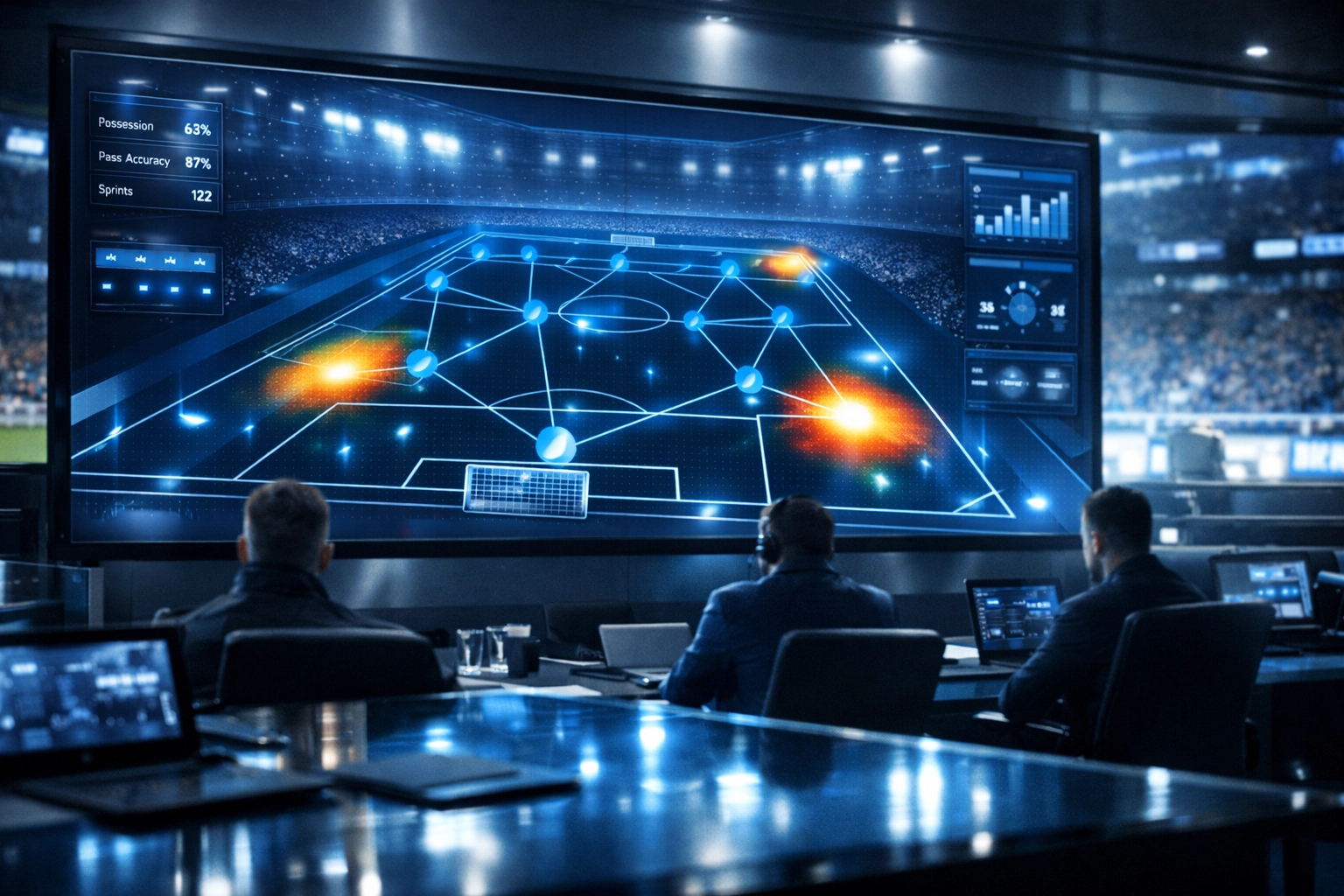 Digitale Taktik-Analyse mit Heatmaps und Spielerpfaden in einem modernen Bundesliga-Analysezentrum.