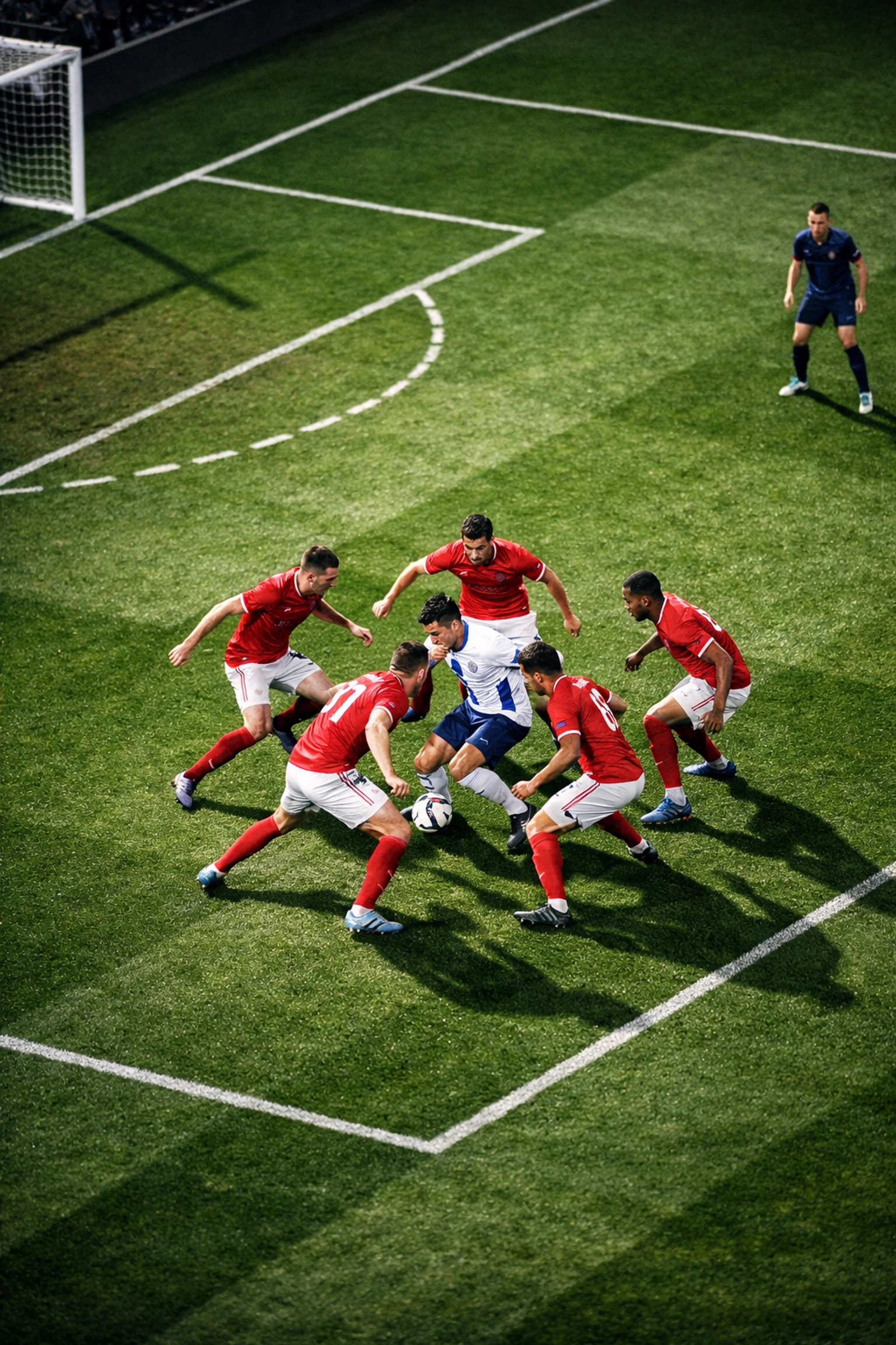 Gegenpressing-Situation aus der Vogelperspektive mit mehreren Spielern beim taktischen Pressing