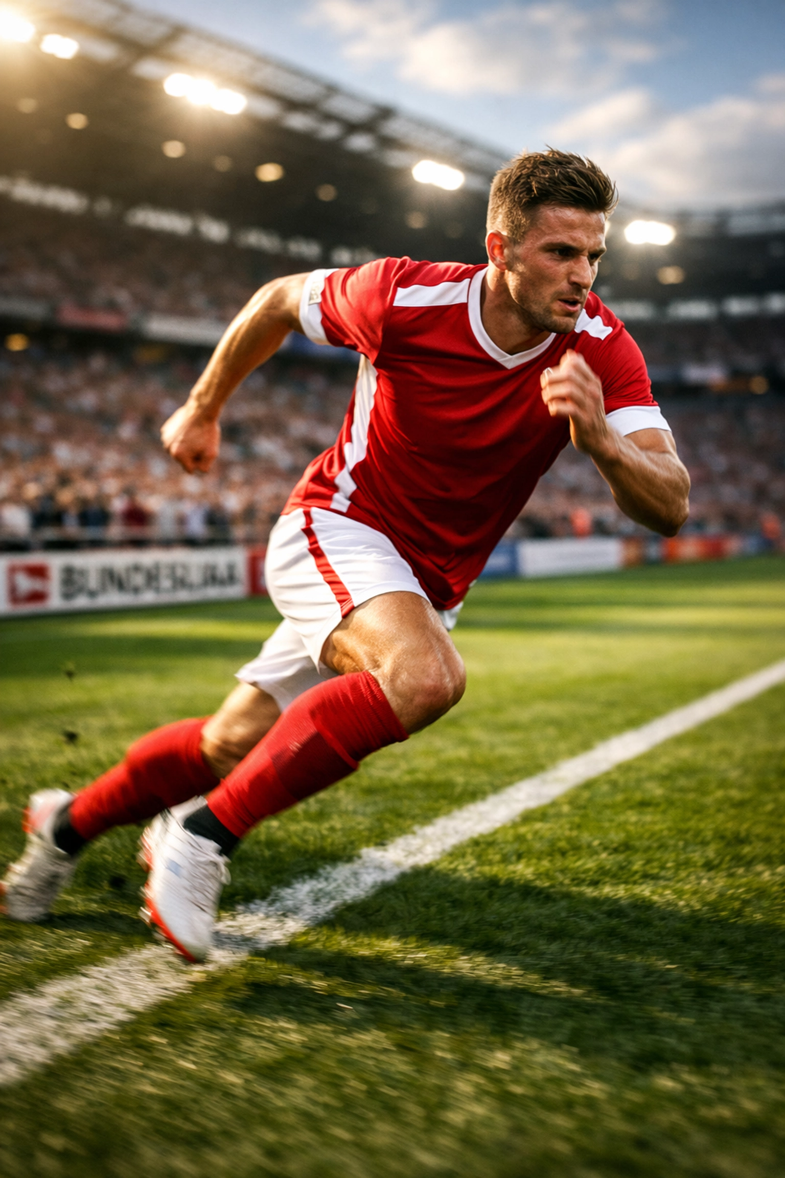 Bundesliga Wing-Back im Sprint auf der Außenbahn im 3-4-3 System