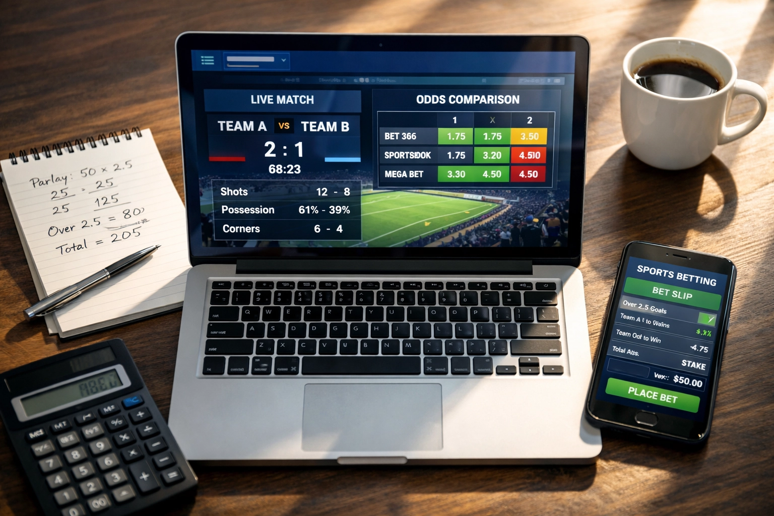 Sportwetten Analyse Arbeitsplatz mit Laptop Quotenvergleich und Wettstrategie Berechnungen