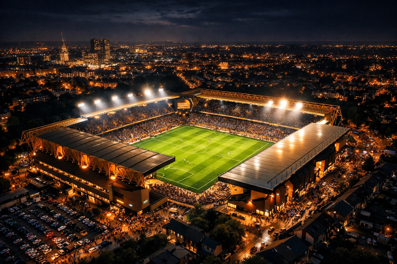 Beleuchtetes englisches Fußballstadion in Wolverhampton bei Nacht für den 02.03.2026