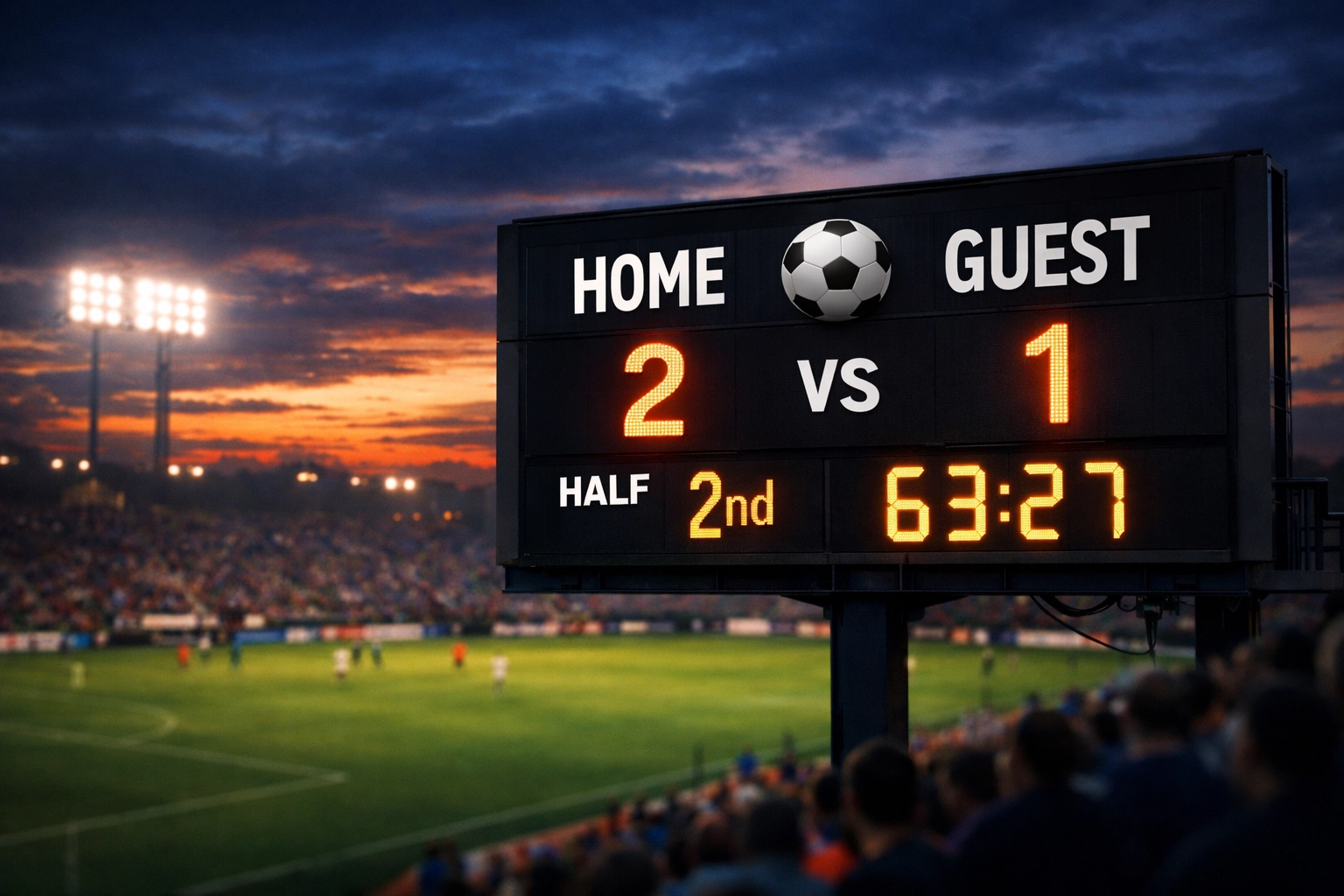 Fußballstadion Anzeigetafel während Abendspiel zeigt Live-Spielstand