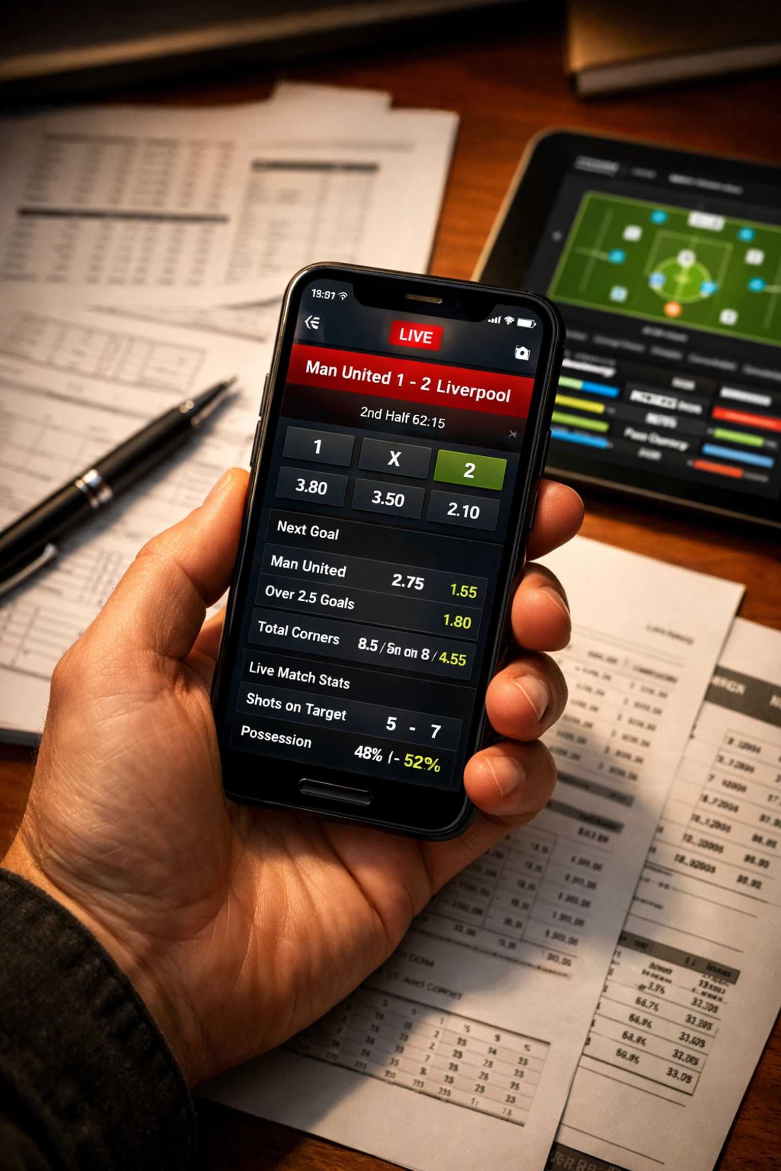 Smartphone mit Wett-App zur Analyse von Buchmacher-Quoten und Statistiken