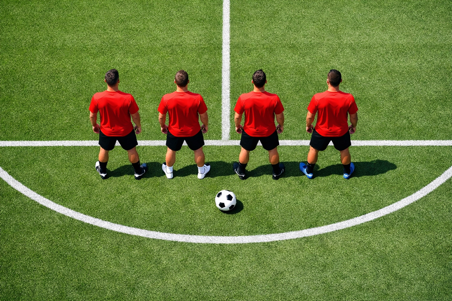 Klassische Viererkette im Fußball aus der Vogelperspektive mit vier Verteidigern in Formation