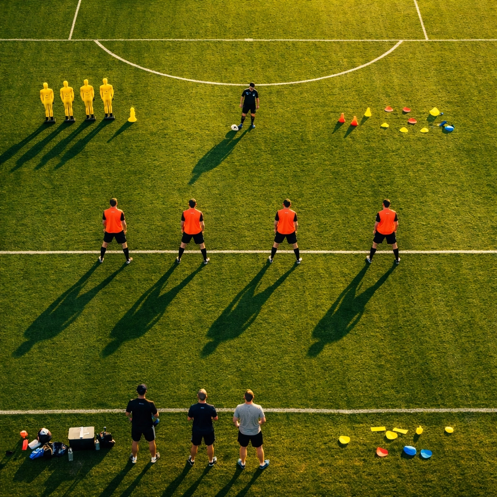 Trainingsplatz von oben mit Frankfurter Verteidigern bei Viererketten-Positionsübung