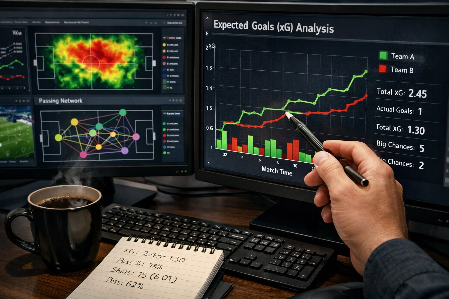 Football data analytics dashboard showing match statistics and heat maps