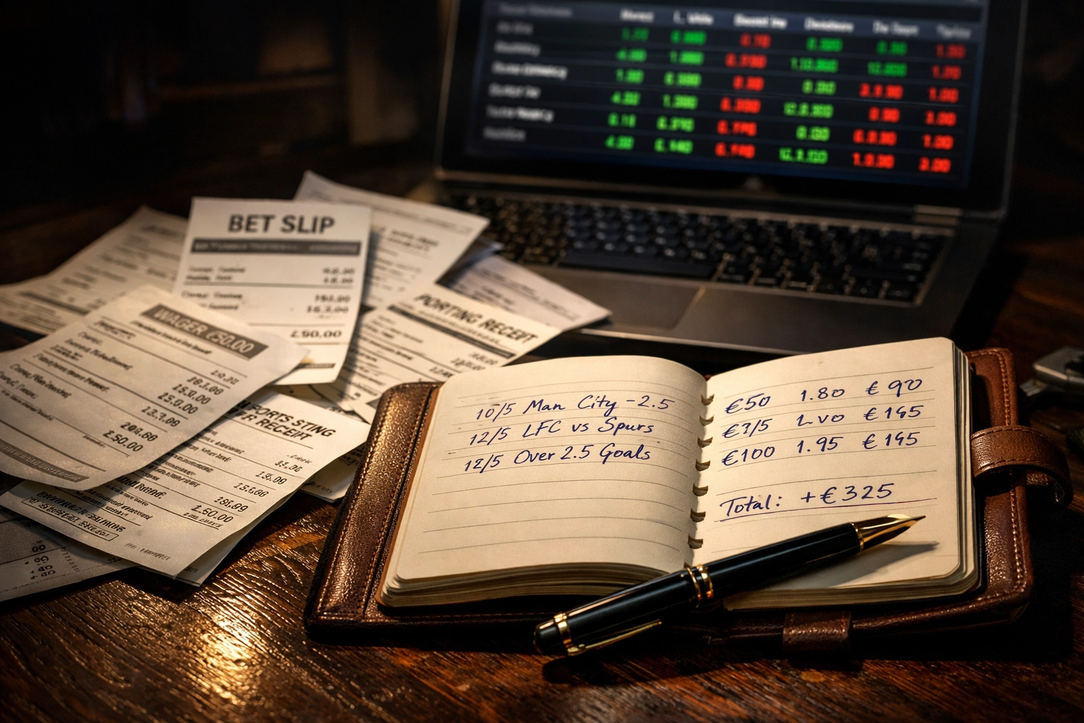 Wettdokumentation mit Notizbuch, Wettscheinen und digitaler Quotenübersicht