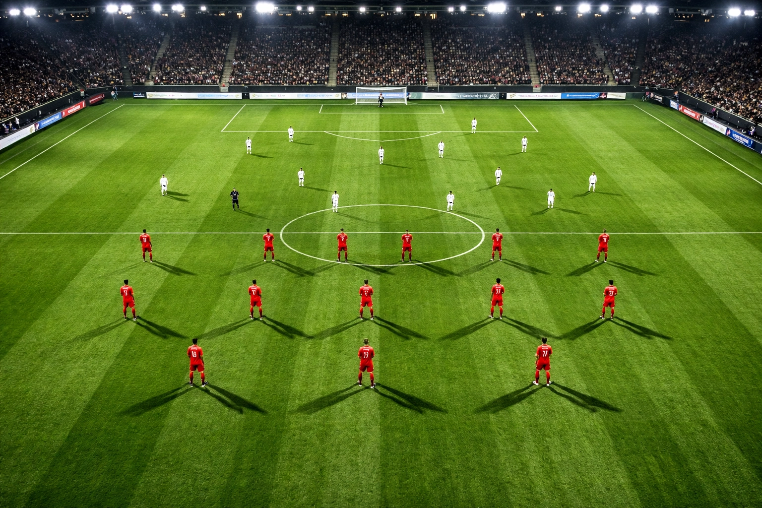 Detaillierte Analyse einer 2-4-4 Fußball-Formation aus der Vogelperspektive im Stadion