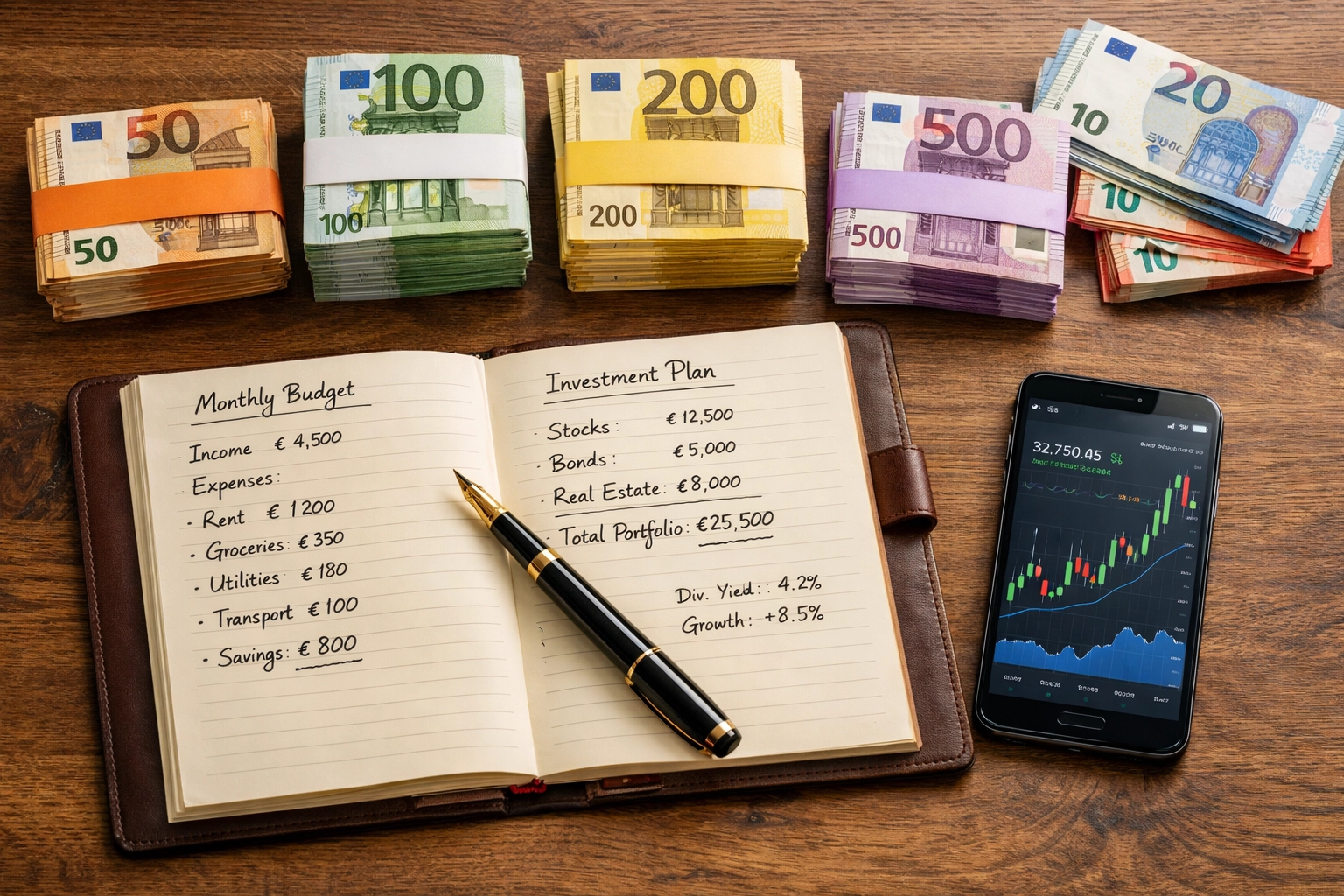 Bankroll Management mit Euro-Scheinen und Finanzjournal für Sportwetten-Planung