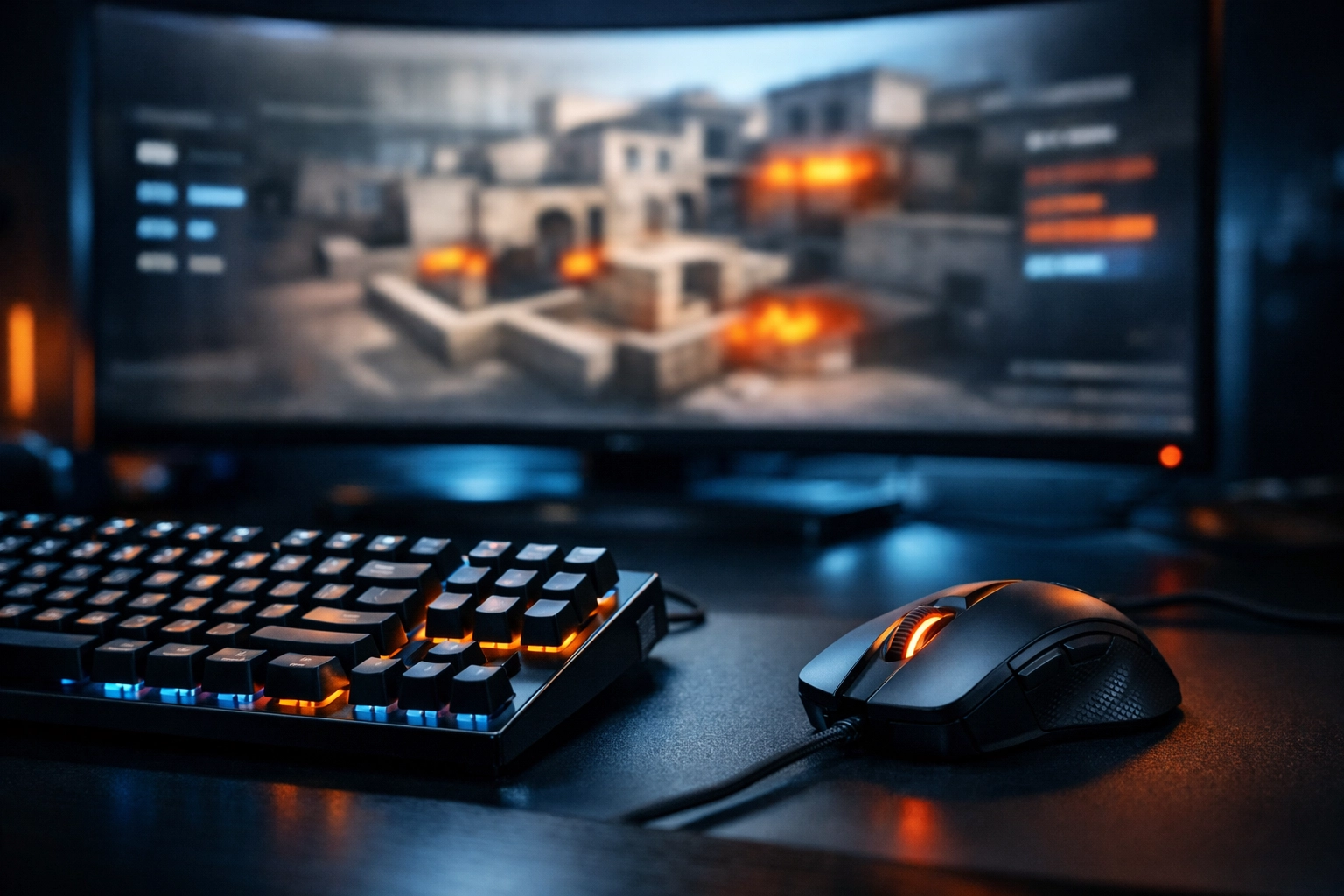 Professionelles Gaming-Setup mit CS2 Map-Analyse und taktischen Statistiken auf dem Monitor.