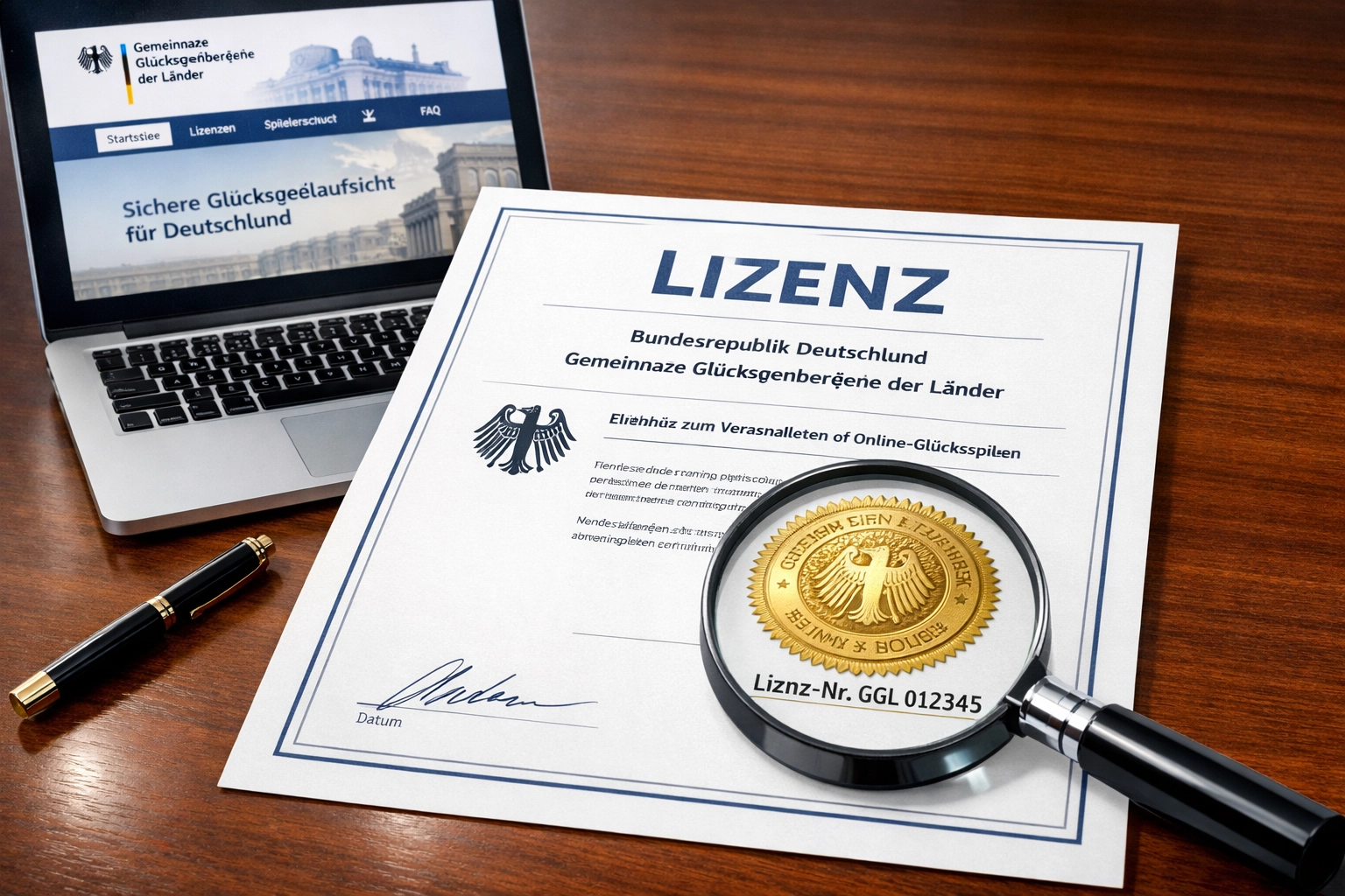 Deutsche Glücksspiel-Lizenz mit Lupe zur Überprüfung seriöser Wettanbieter