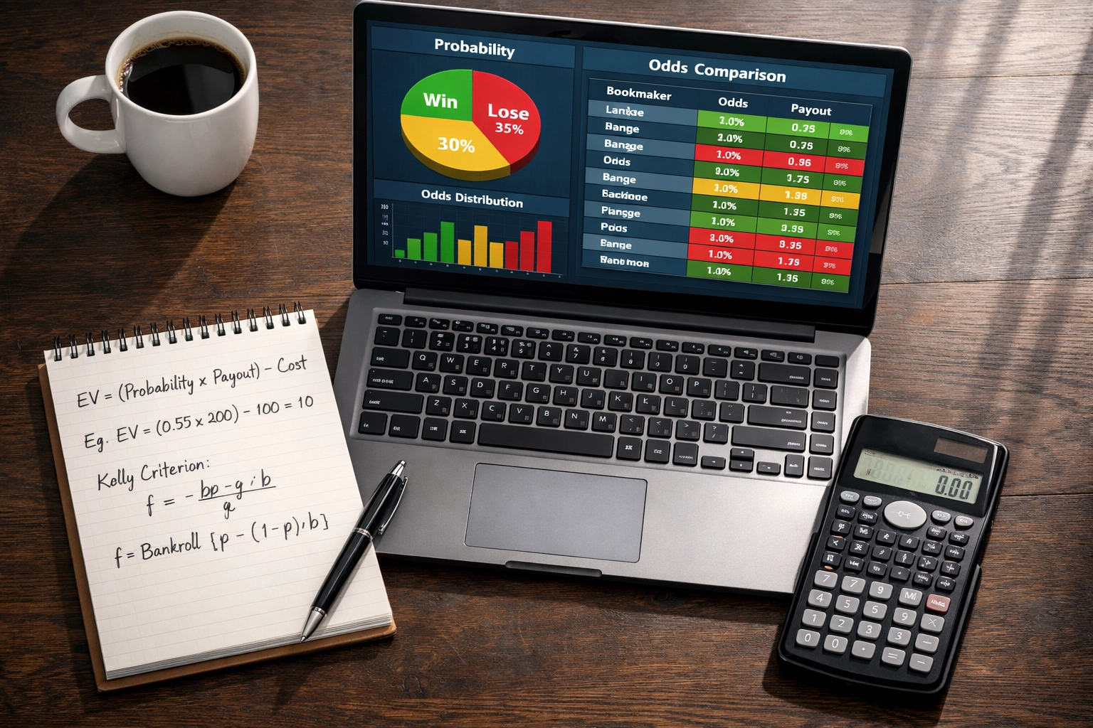 Arbeitsplatz für Sportwetten-Analyse mit Wahrscheinlichkeitsberechnungen und mathematischen Formeln
