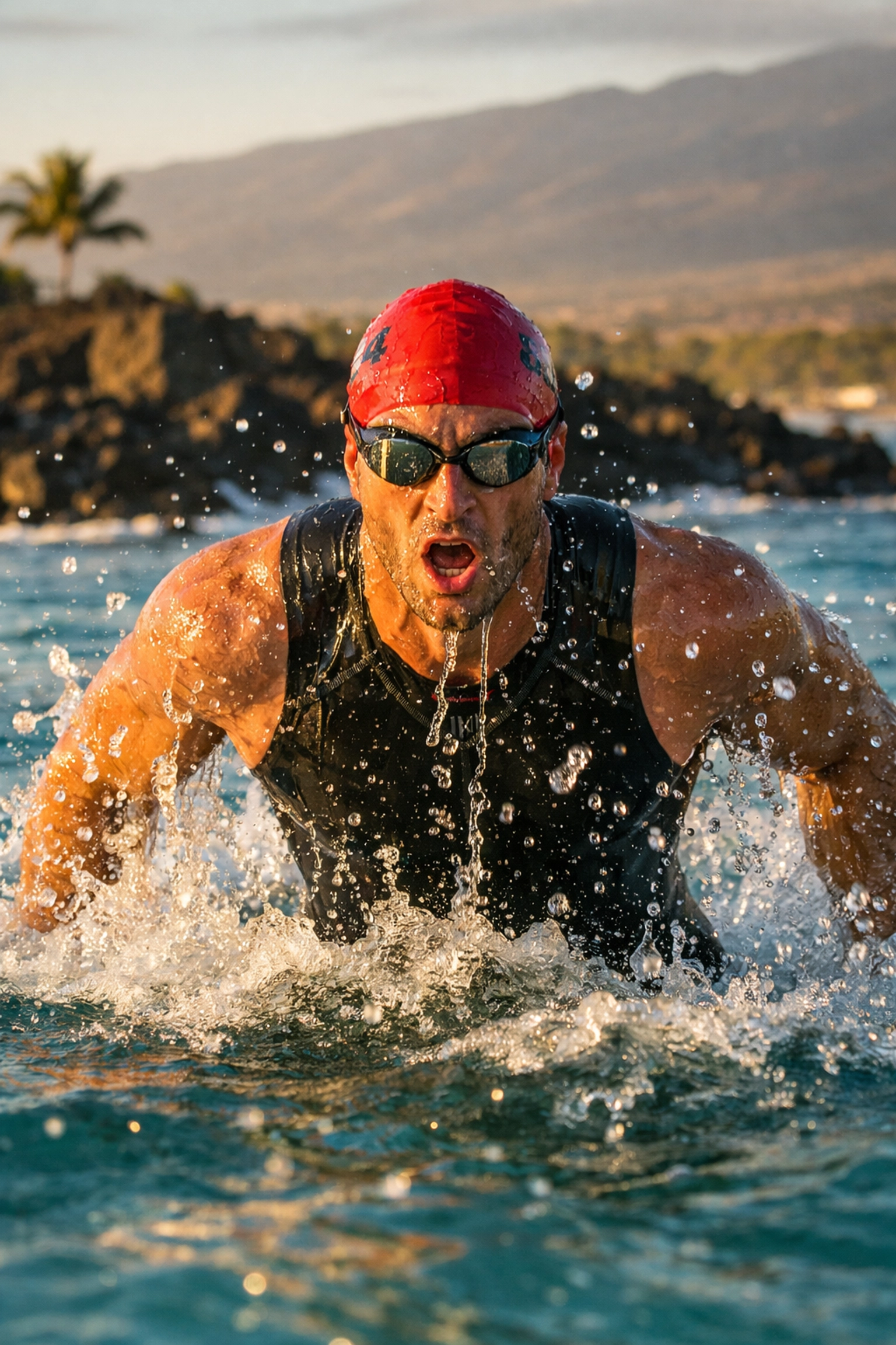 Ironman triathlete completing swim portion in Kona Hawaii World Championship race