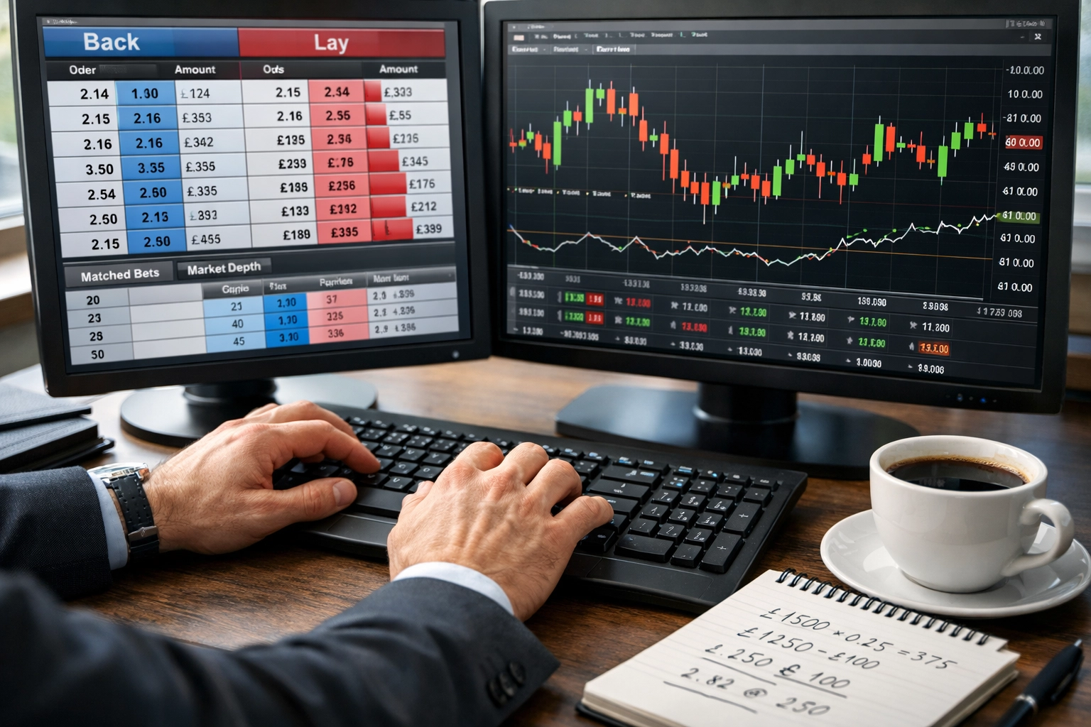 Professioneller Wettbörsen-Trader mit Back- und Lay-Orders auf Monitoren