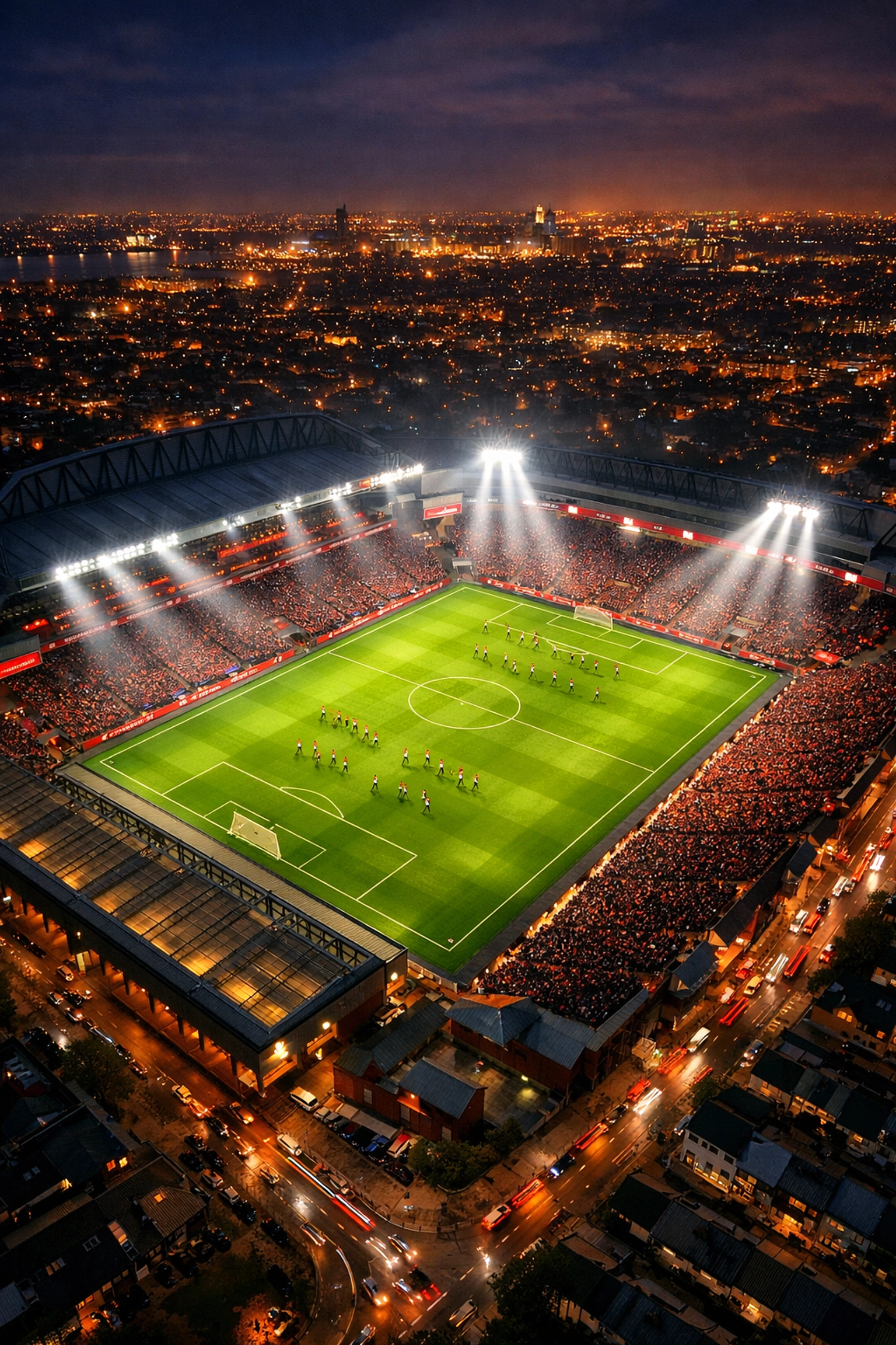 Anfield Stadion bei Nacht vor Liverpool FA Cup Spiel gegen Brighton
