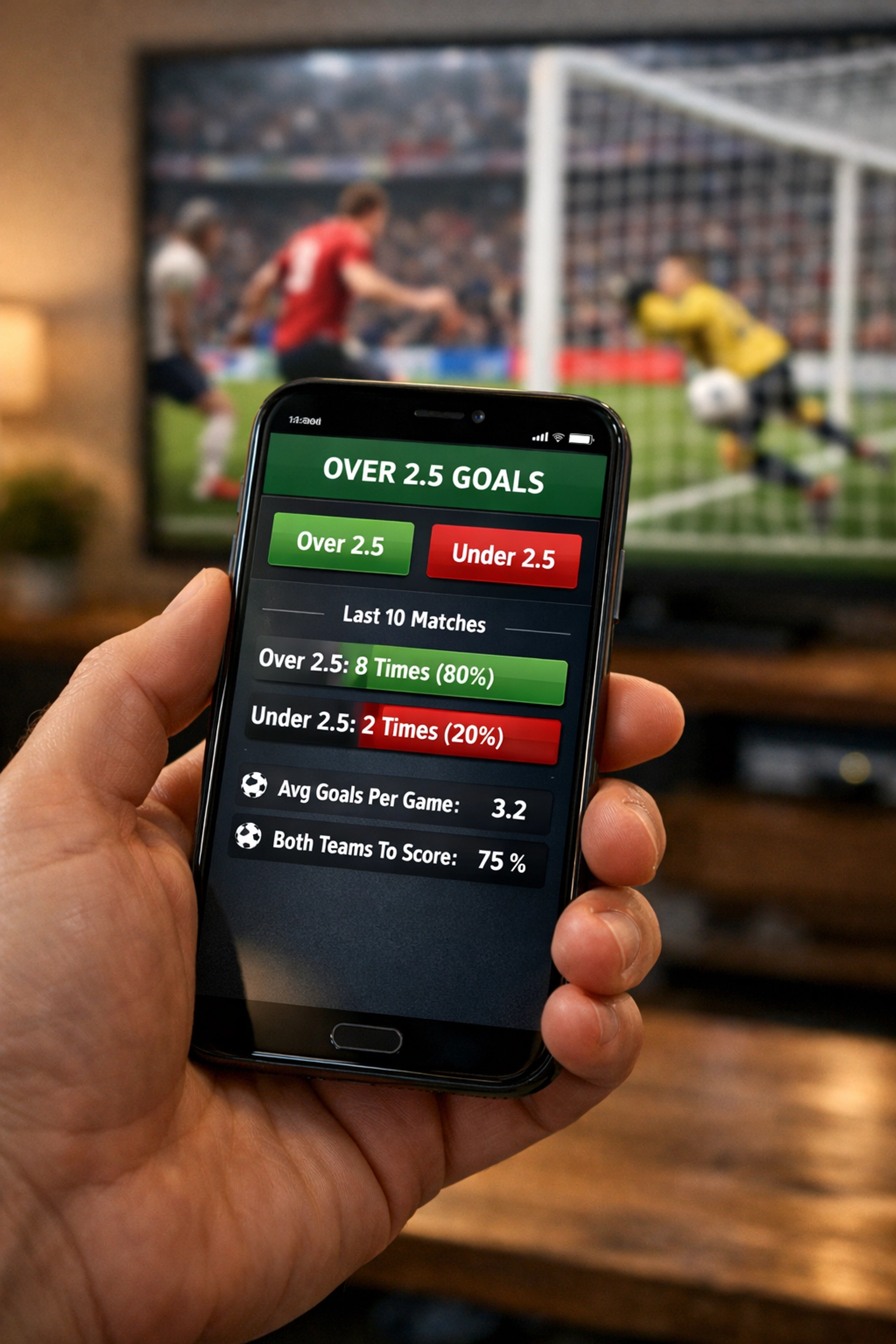 Smartphone mit Over 2.5 Quoten und Statistiken während Live-Fußballspiel