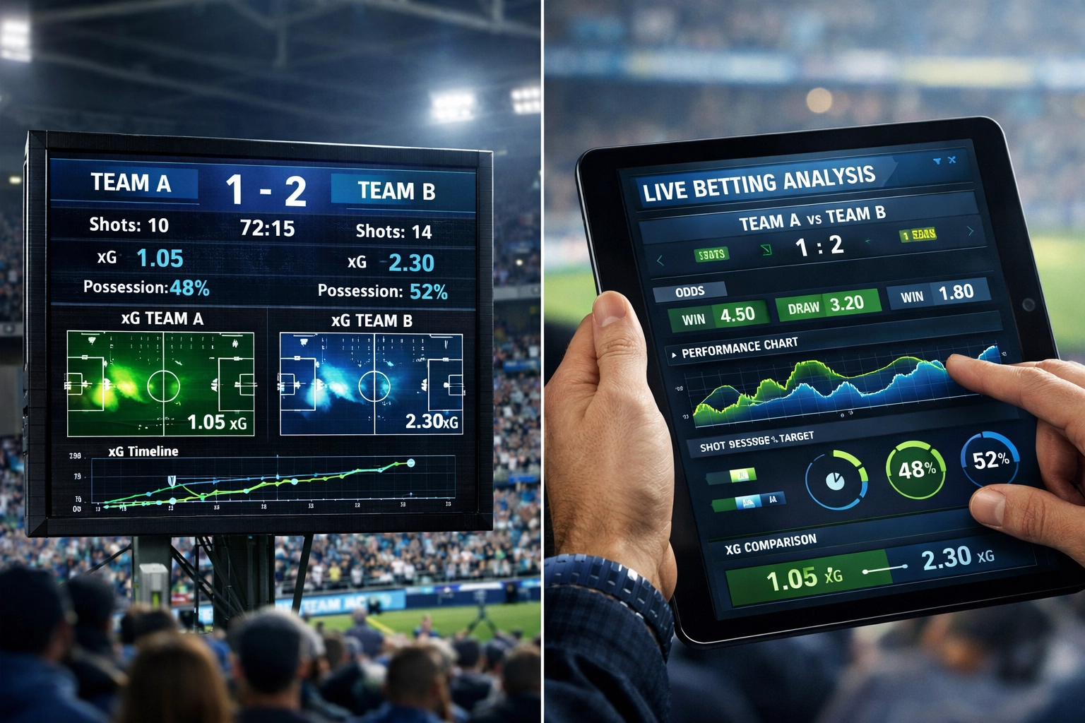 Expected Goals Statistiken und Wettanalyse auf Tablet im Fußballstadion