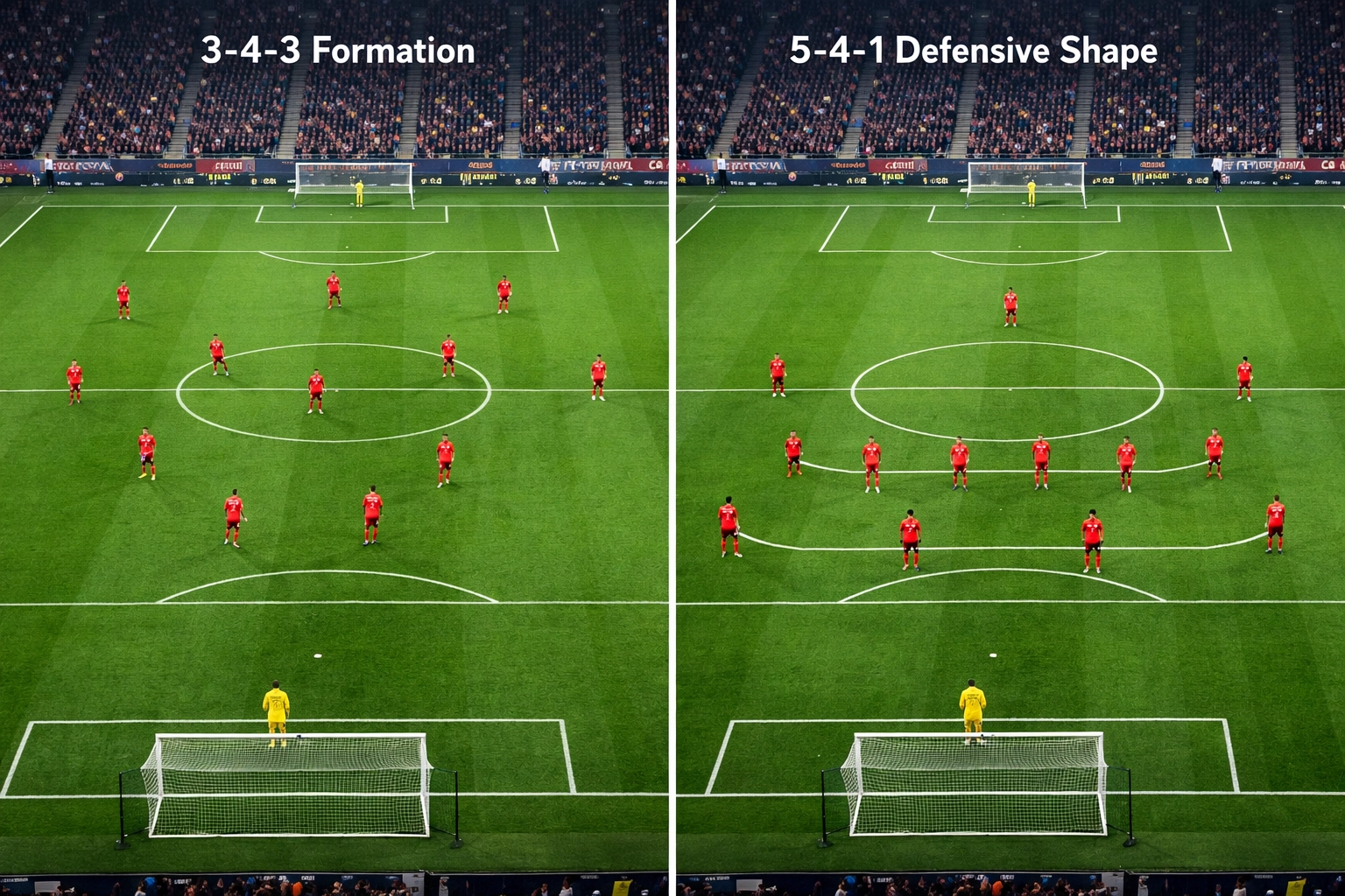 Vergleich RB Leipzig 3-4-3 Angriffsformation und 5-4-1 Defensivformation