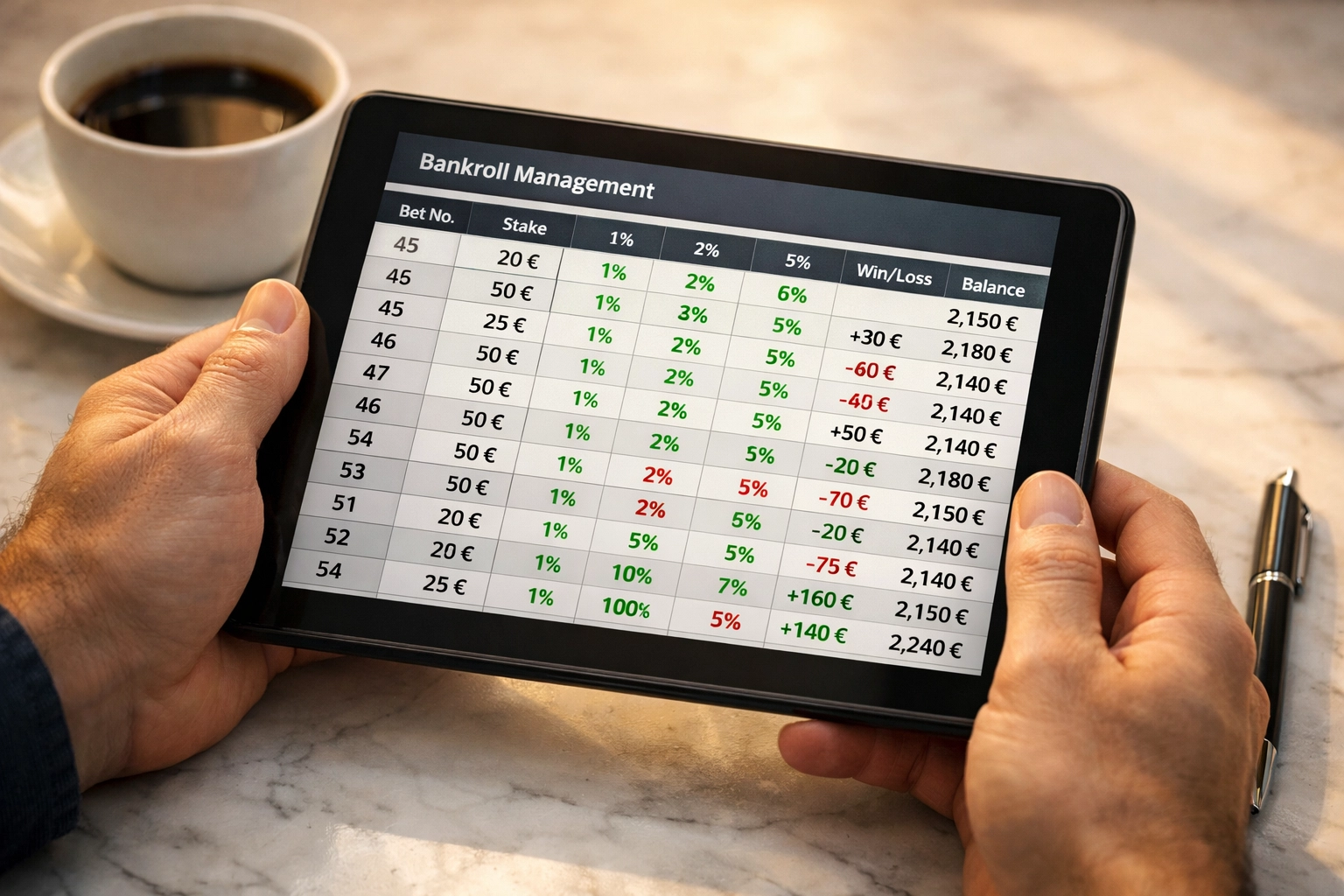 Tablet zeigt Einsatz-Berechnung mit Prozentsätzen für Sportwetten Bankroll-Management