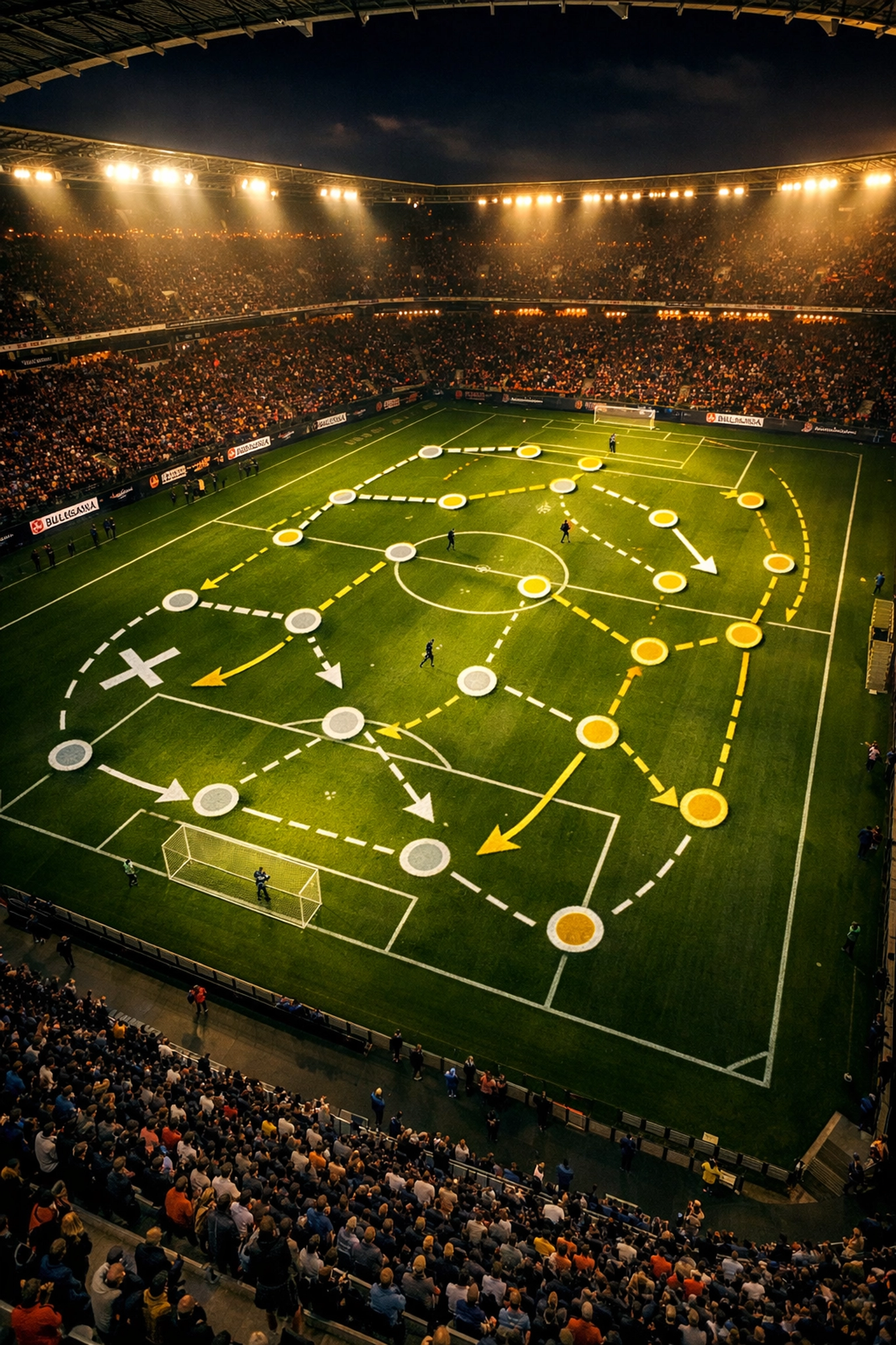 Bundesliga-Stadion mit taktischen Formationsdiagrammen auf dem Spielfeld bei Flutlicht