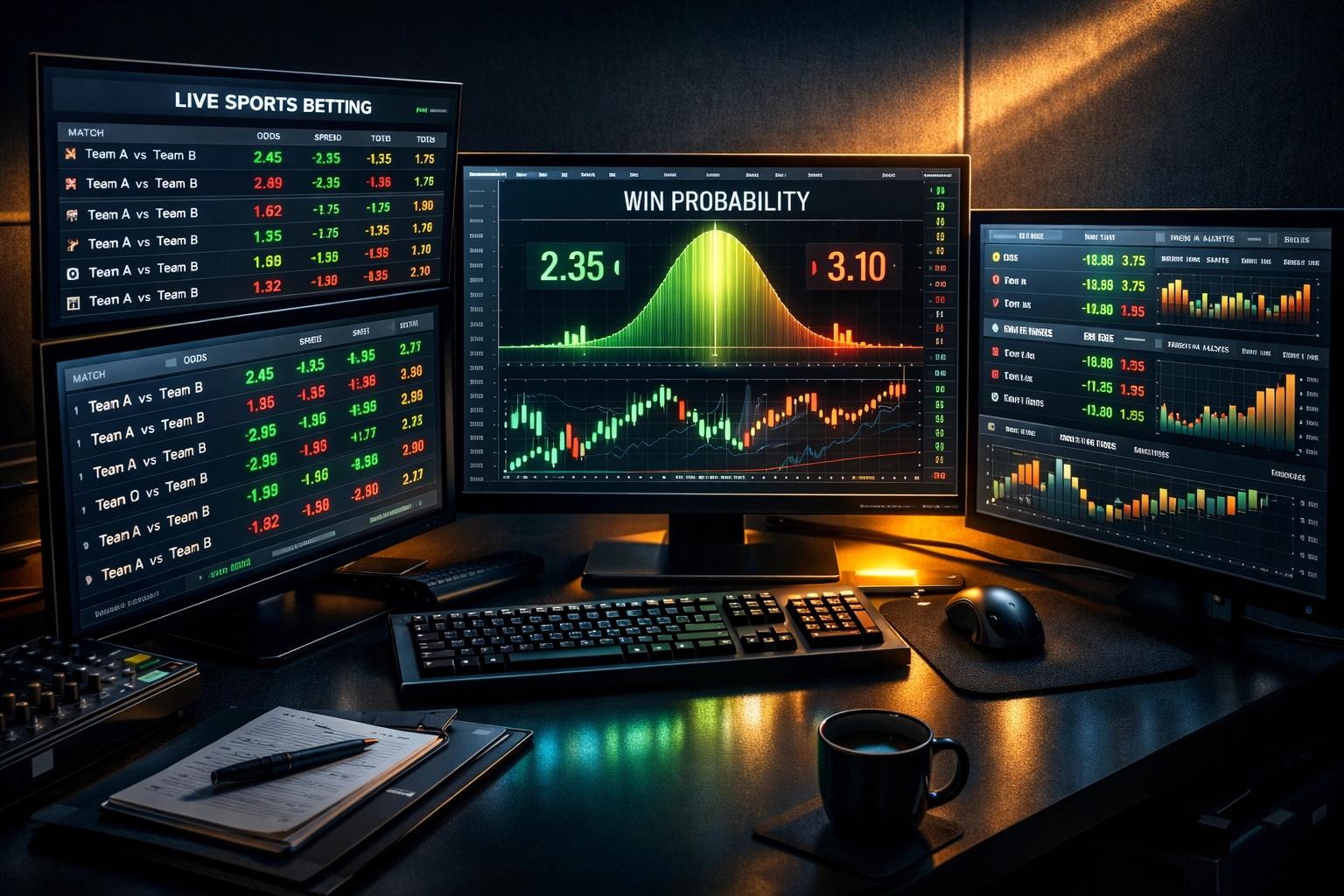 Trading-Desk mit mehreren Monitoren zeigt Live-Quoten und statistische Charts für Value Betting Analyse
