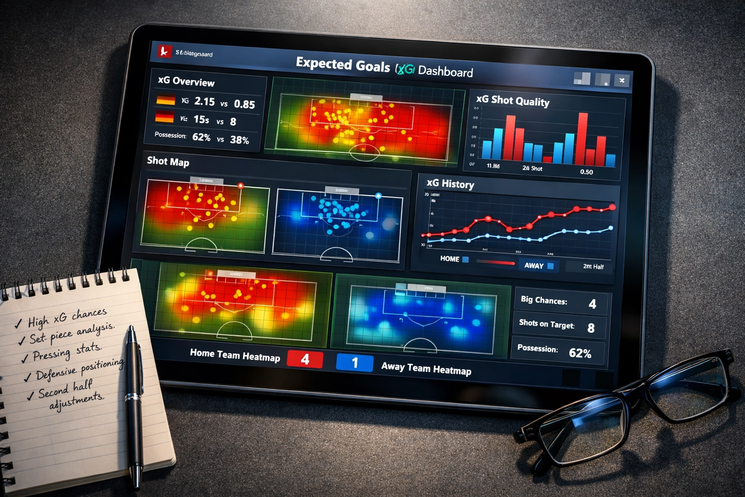 Expected Goals xG Dashboard mit Bundesliga Statistiken und taktischer Analyse