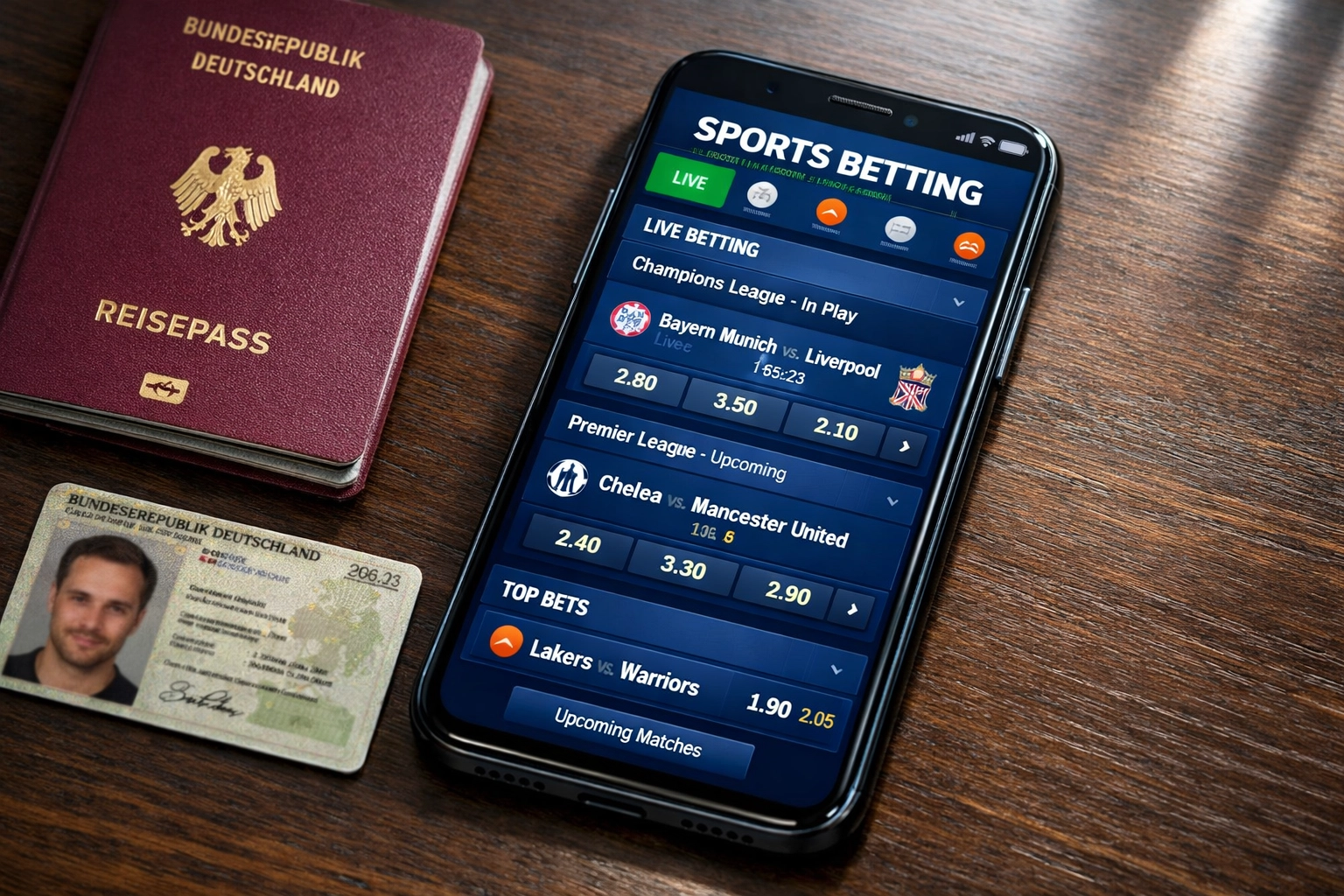Smartphone mit Sportwetten-Website und deutscher Identitätsprüfung für LeoVegas Sport Lizenz