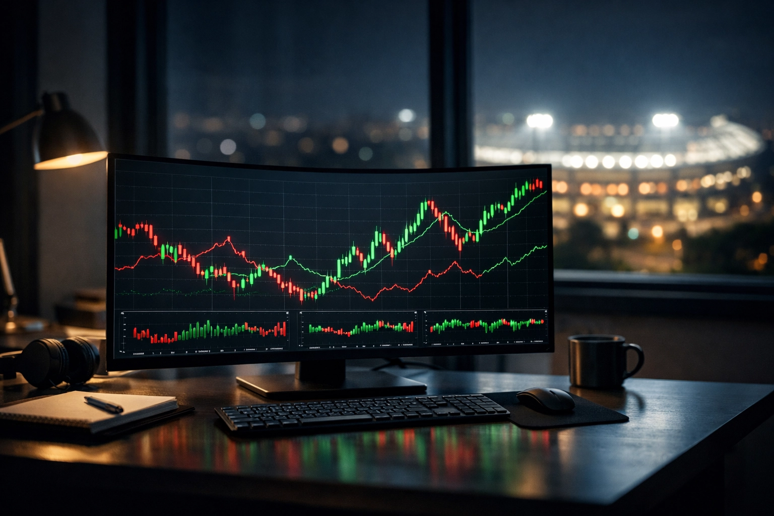 Monitor mit Line Movement Charts und Wahrscheinlichkeitskurven für die Marktanalyse Fürth gegen Bielefeld.