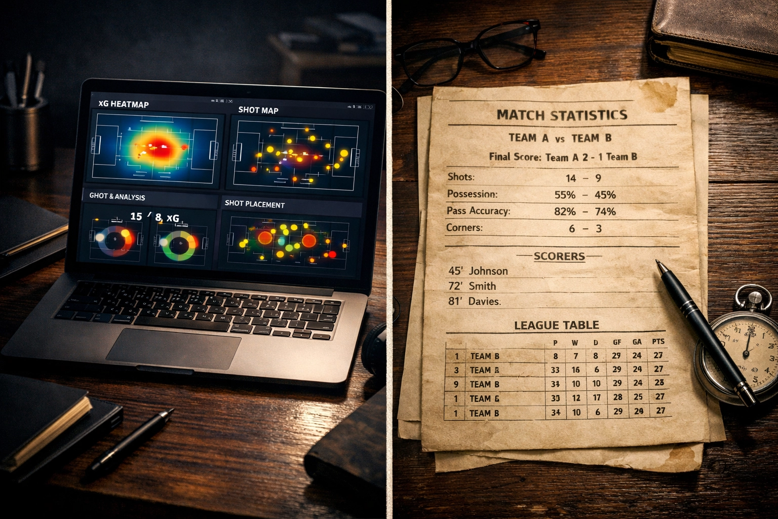 Vergleich zwischen modernen xG-Metriken auf Laptop und klassischen Fußballstatistiken auf Papier