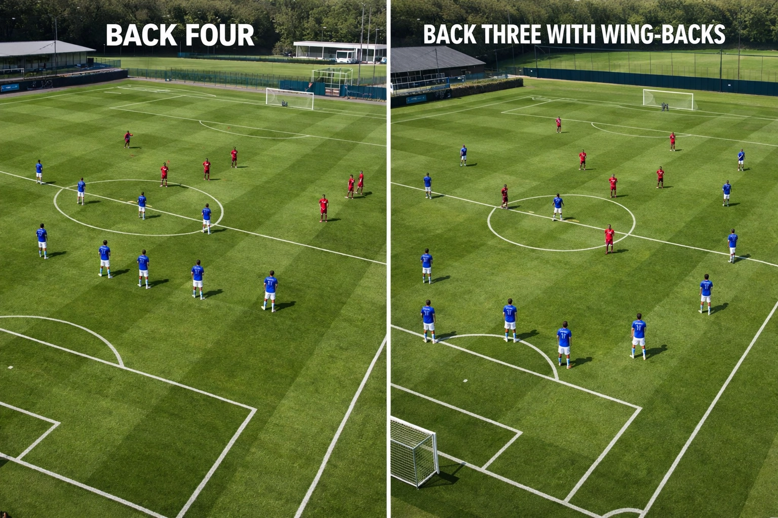 Vergleich Viererkette gegen Dreierkette auf dem Fußballplatz