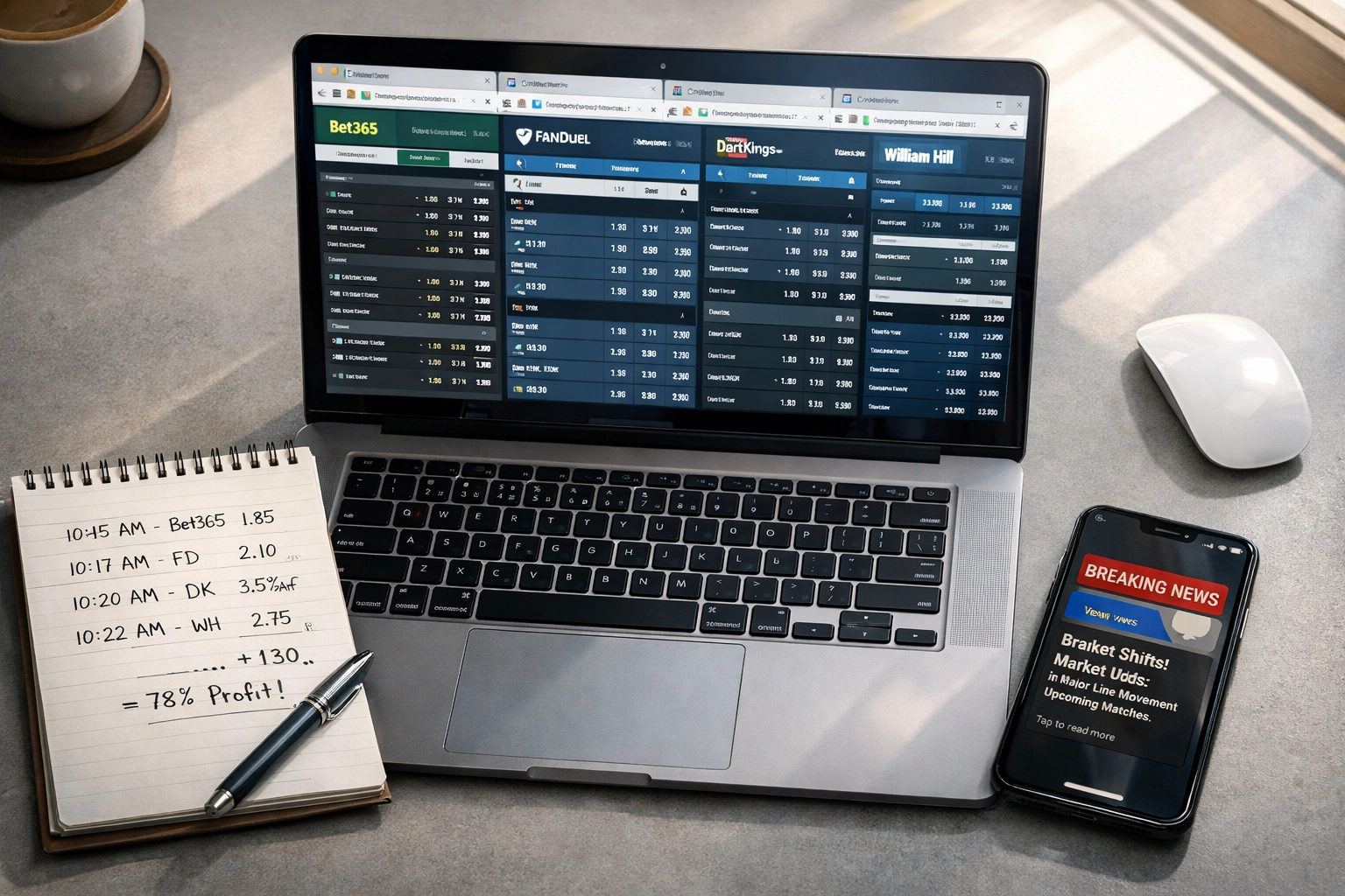 Quotenvergleich-Arbeitsplatz mit Laptop, Notizen und Smartphone für Live-Wettanalyse