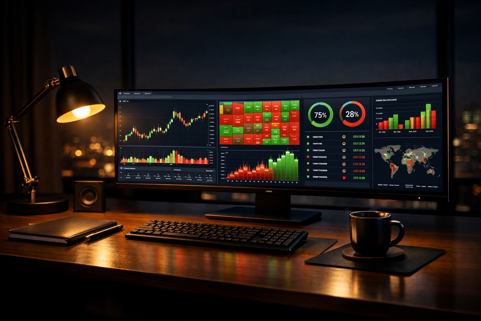 Monitor mit Daten-Dashboard zur Analyse von Marktbewegungen und profitablen Trends.