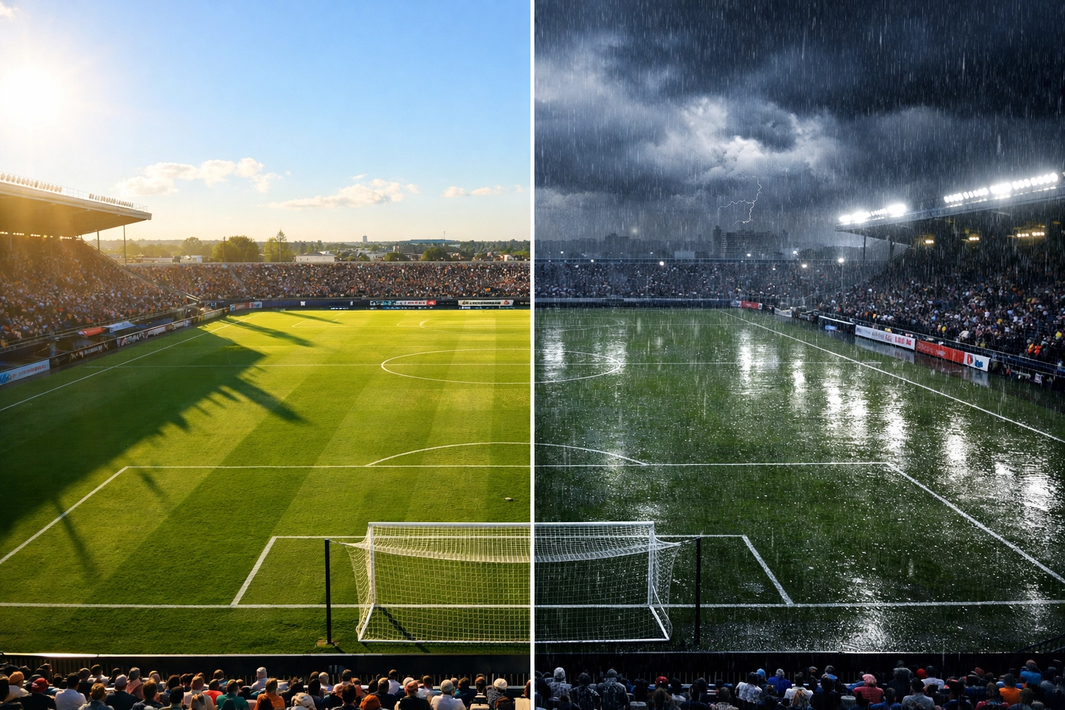 Fußballplatz bei unterschiedlichen Wetterbedingungen Sonne und Regen