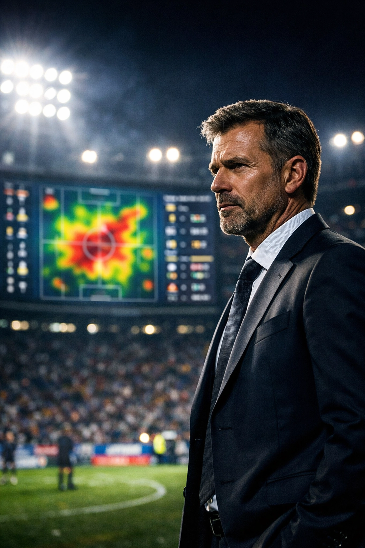 Fußballtrainer am Spielfeldrand nutzt Heatmaps und Daten für taktische Anpassungen im Spiel.