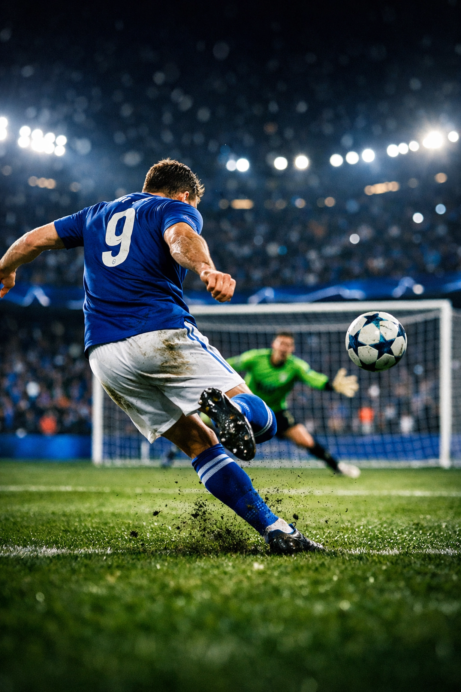 Stürmer beim Torschuss im Champions League Spiel unter Flutlicht