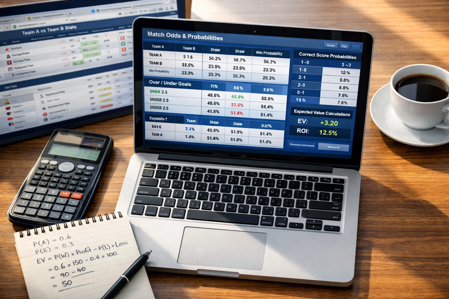 Value Betting Analyse am Schreibtisch mit Quotenberechnungen und Statistiken