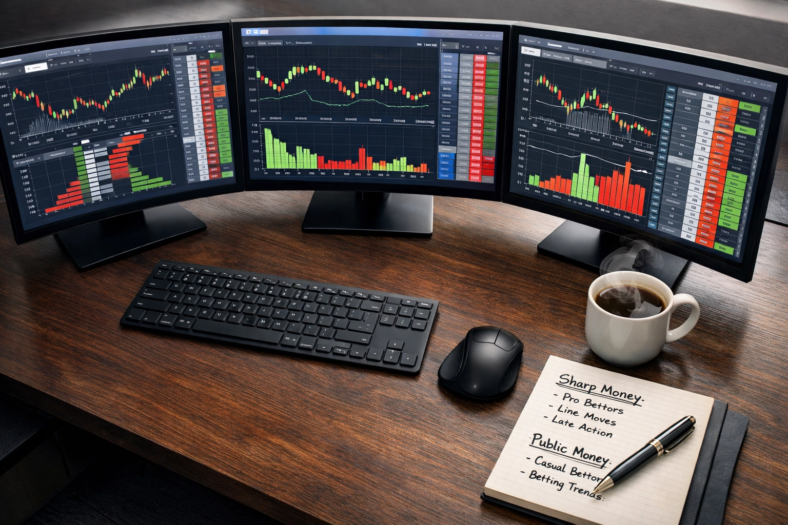 Professioneller Analysearbeitsplatz mit Volumen-Indikatoren und Markttiefe-Charts für Quotenbewegungen