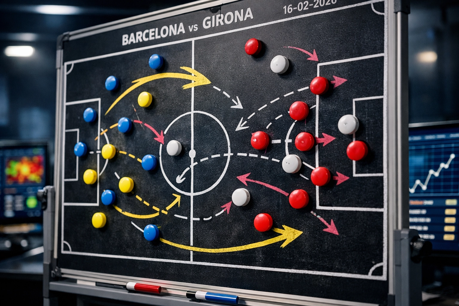 Taktikboard mit Barcelona Formationsanalyse und statistischen Performance-Grafiken