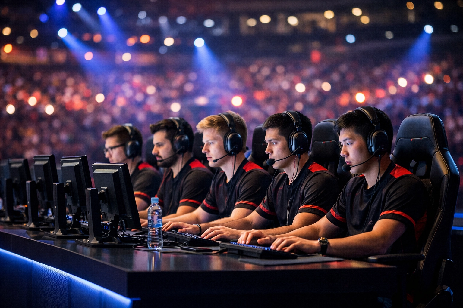 Professionelle E-Sports Spieler in einer Arena während einer Team-Analyse für Live-Wetten.