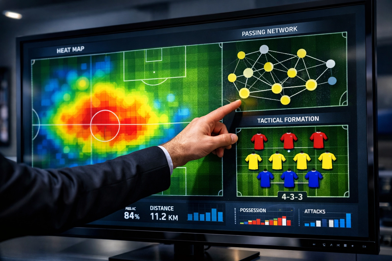 Datenanalyse-Monitor zeigt Heatmaps und taktische Formationsgrafiken für Bundesliga-Teams