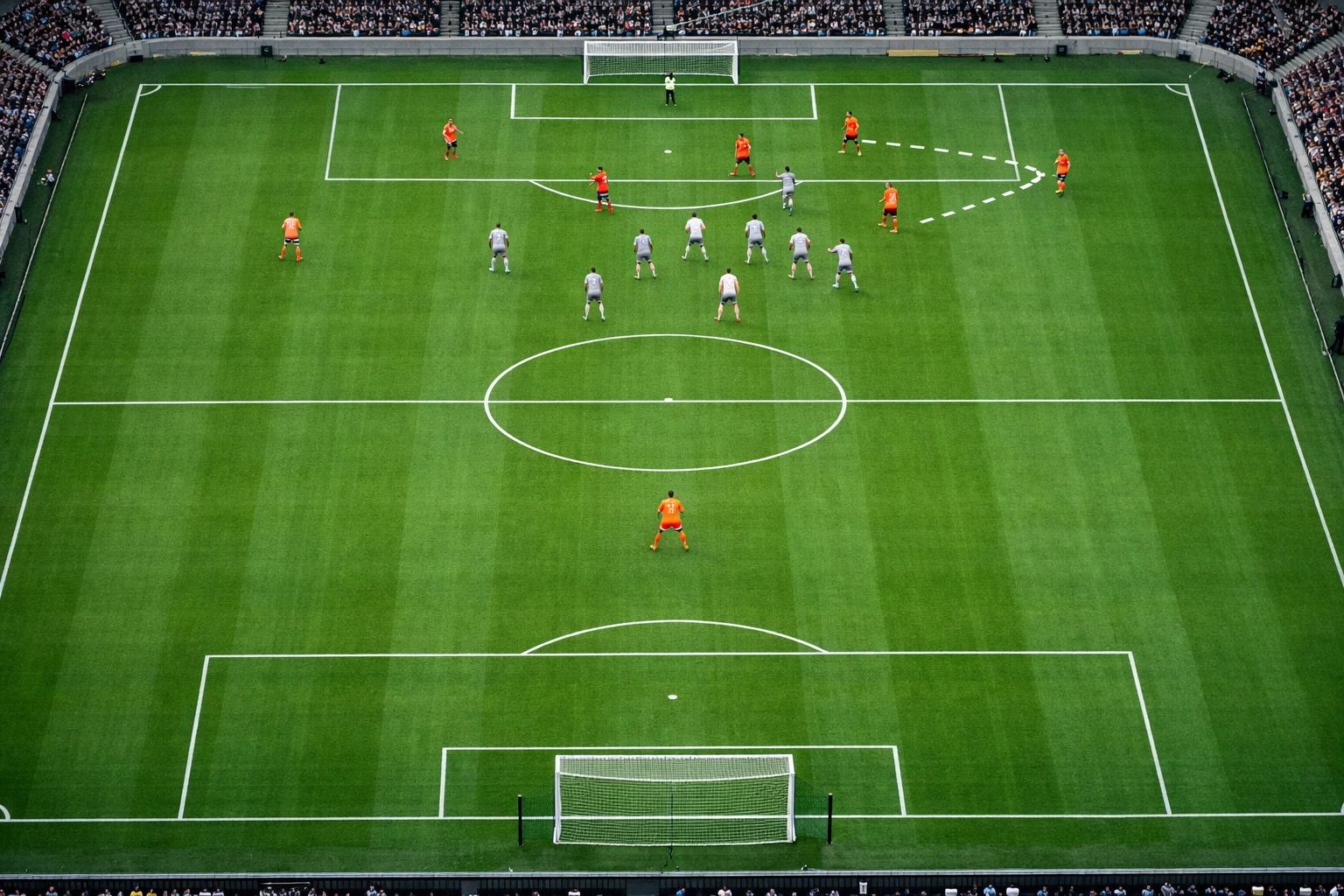 Vogelperspektive Spielfeld zeigt taktische Fehler bei Ballbesitz in gegnerischer Hälfte