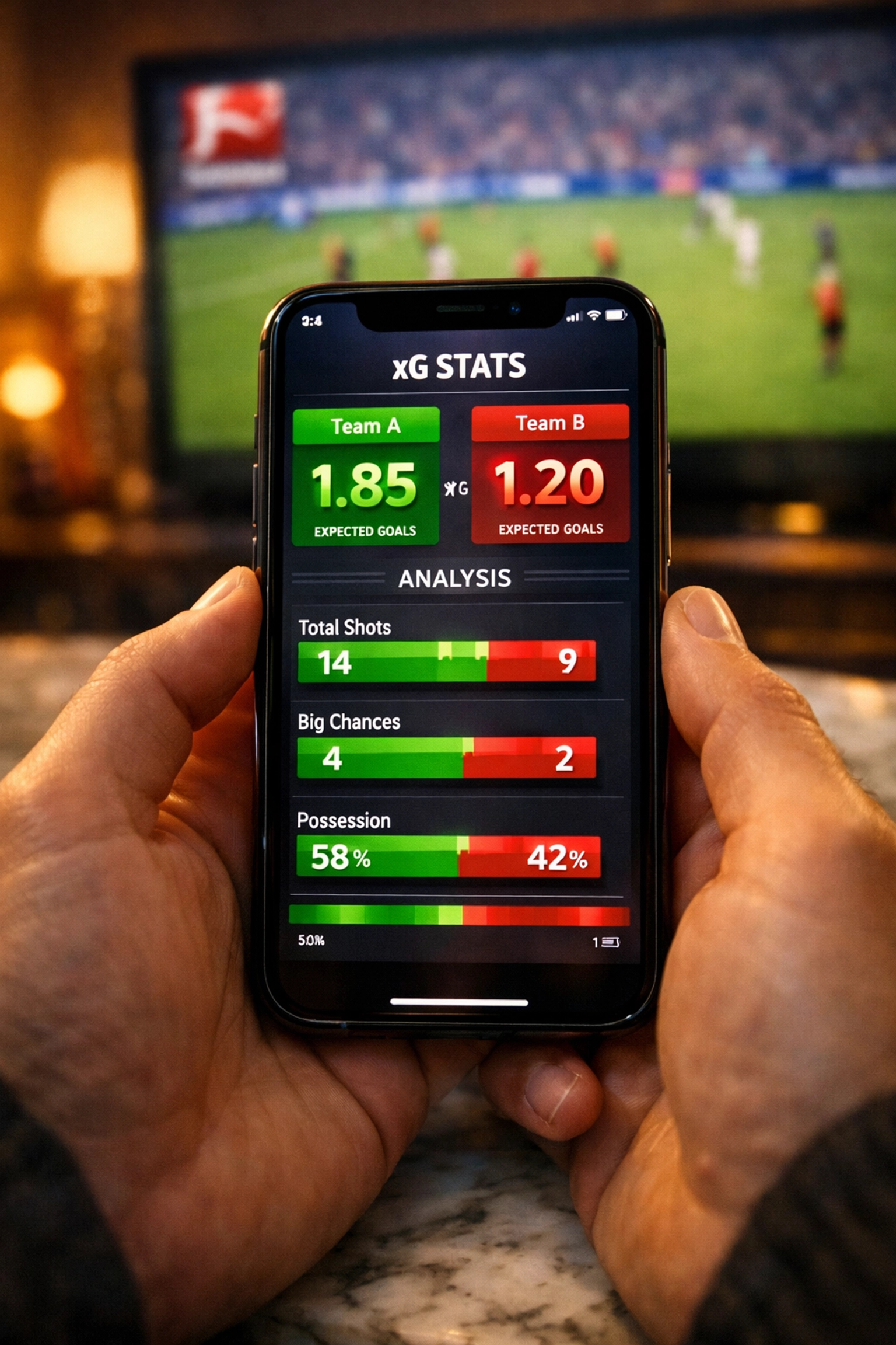 Sportwetten-App zeigt xG-Statistiken und Teamvergleich während Bundesliga-Spiel
